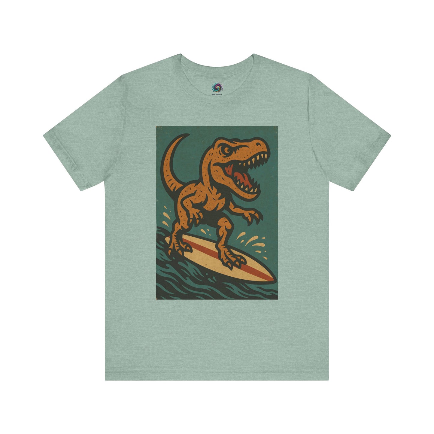 Mint green Surfing t-rex t shirt from WhimSpin- A rearing t Rex riding a yellow surf board on the waves
