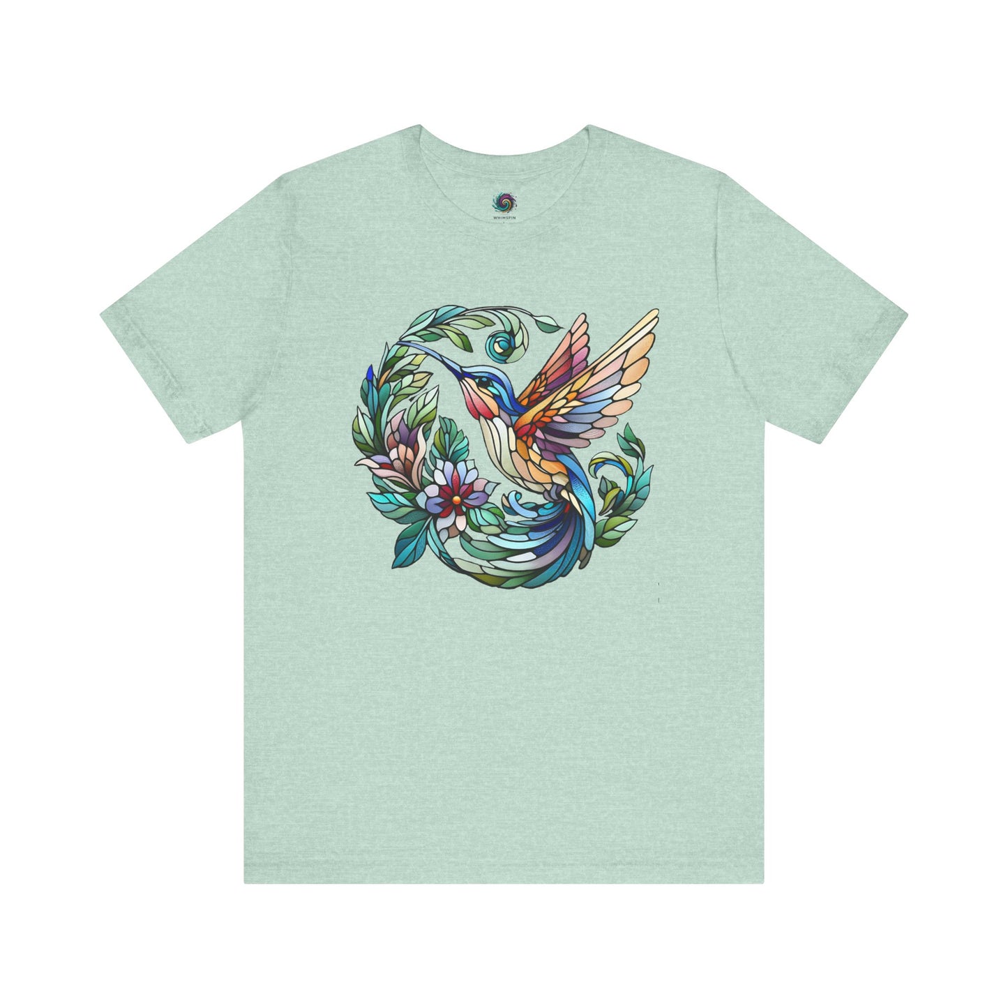 Stained Glass Hummingbird T-Shirt – Colorful Floral Bird Graphic Tee in heather prism mint featuring a stained glass hummingbird and soft floral design.