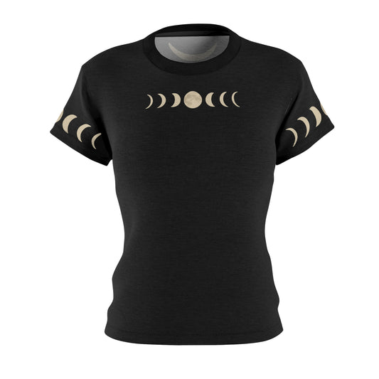 Front view of the Moon Phases T-Shirt – Pagan Moons Shirt for Mystical Night Style, with subtle horizontal moon phase graphic beneath the collar and matching sleeve designs on soft black all-over-print fabric