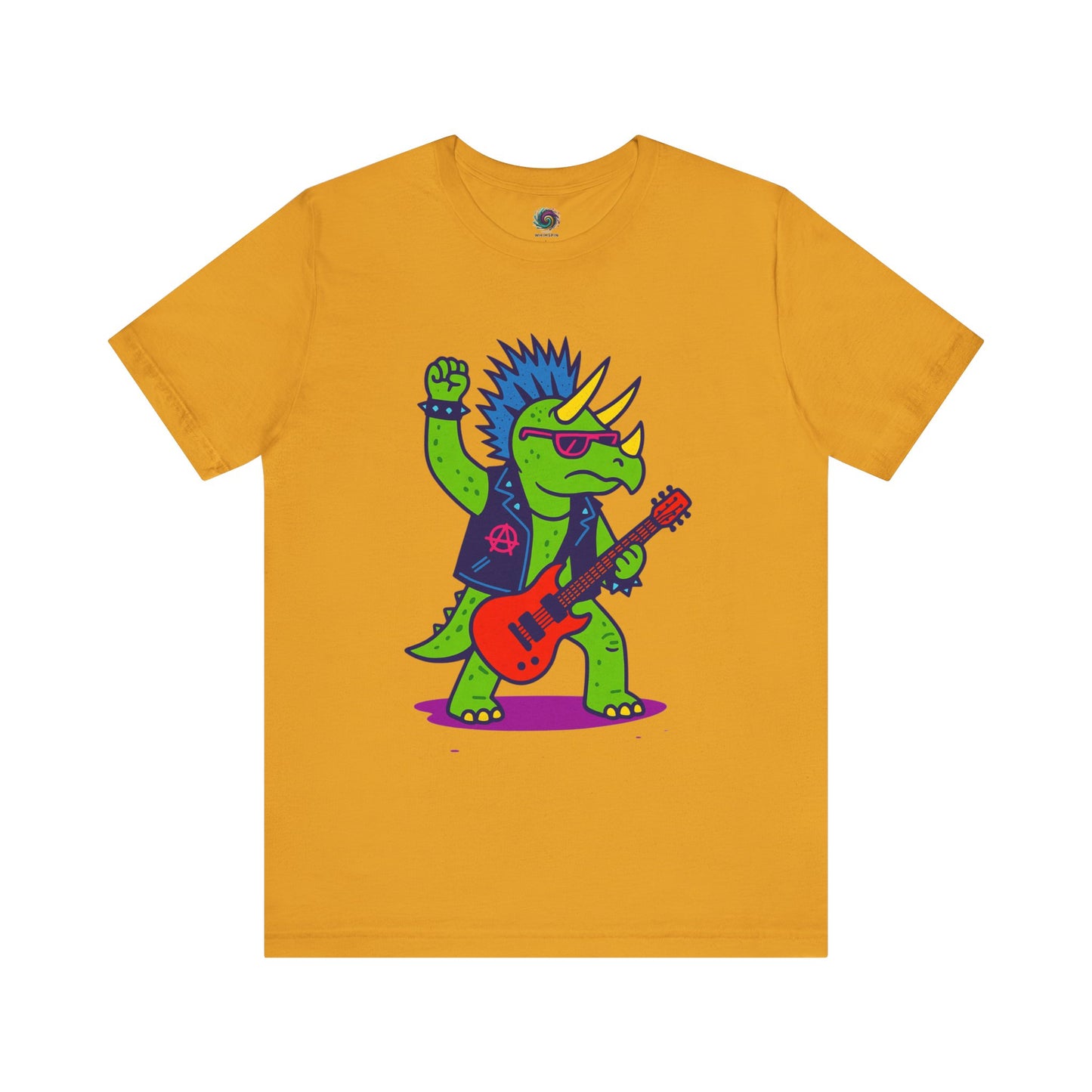 Punk Rock Triceratops T-Shirt – Funny Dinosaur Tee for Adults in mustard, perfect for punk dinosaur fans looking for a retro rockstar graphic tee.