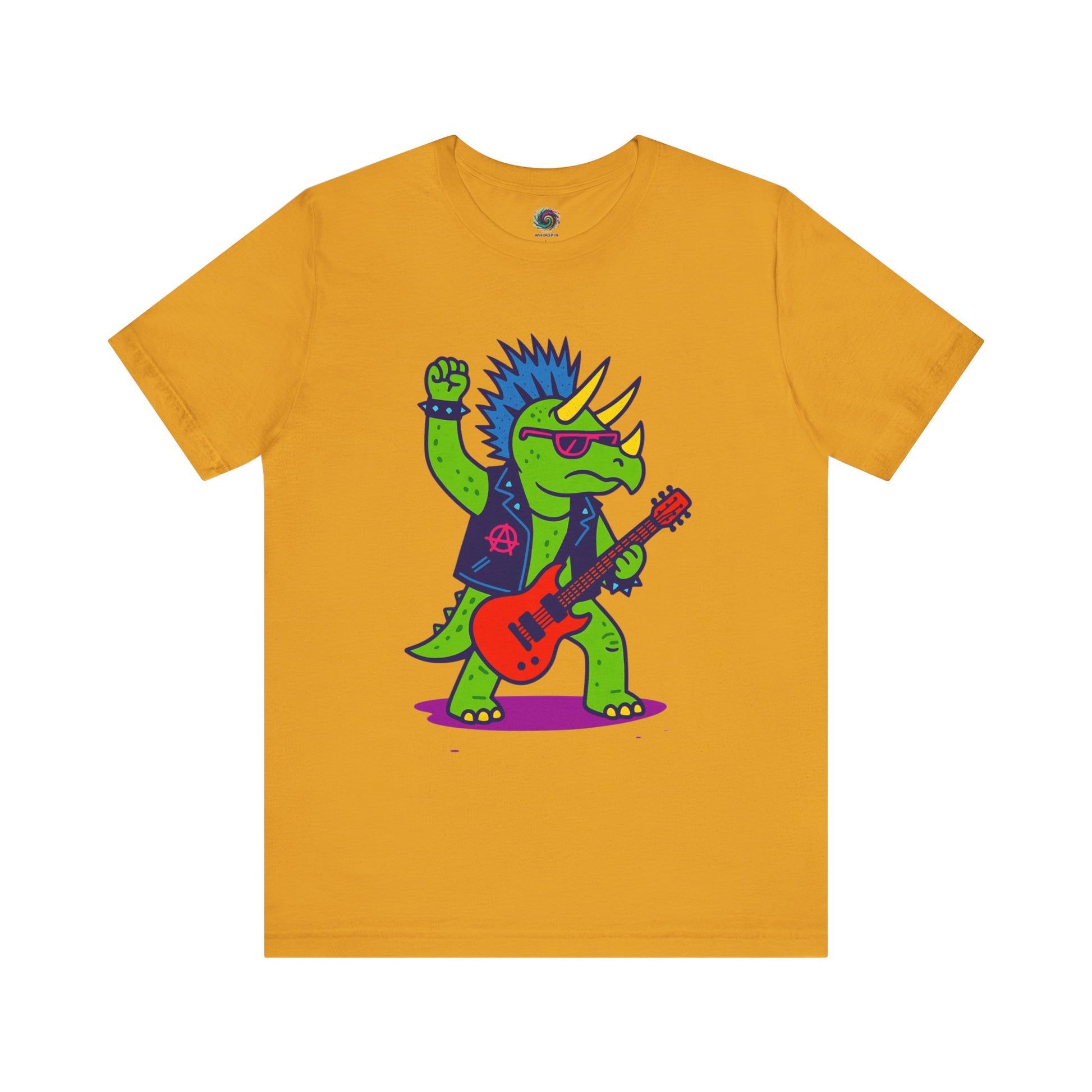 Punk Rock Triceratops T-Shirt – Funny Dinosaur Tee for Adults in mustard, perfect for punk dinosaur fans looking for a retro rockstar graphic tee.