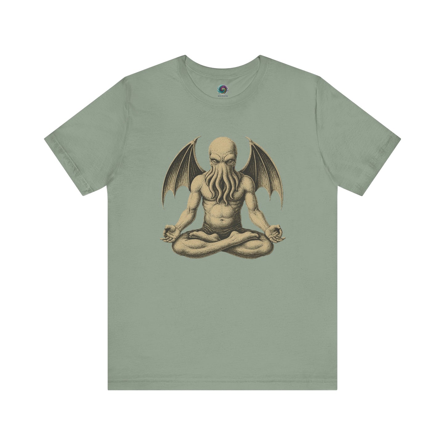 Meditating Cthulhu Shirt – Unisex Mythos Tee for Sci-Fi & Festival Fans in sage green, blending calming earth tones with eerie Cthulhu iconography in a peaceful pose.