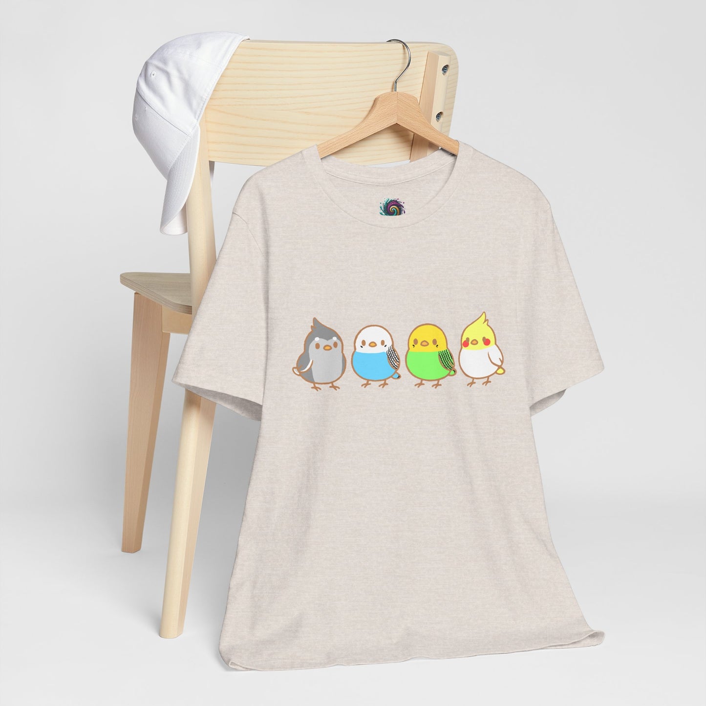 Natural Chirpy Flock Bird T-Shirt from WhimSpin 4 chibi cartoon pet birds lined up in a row.