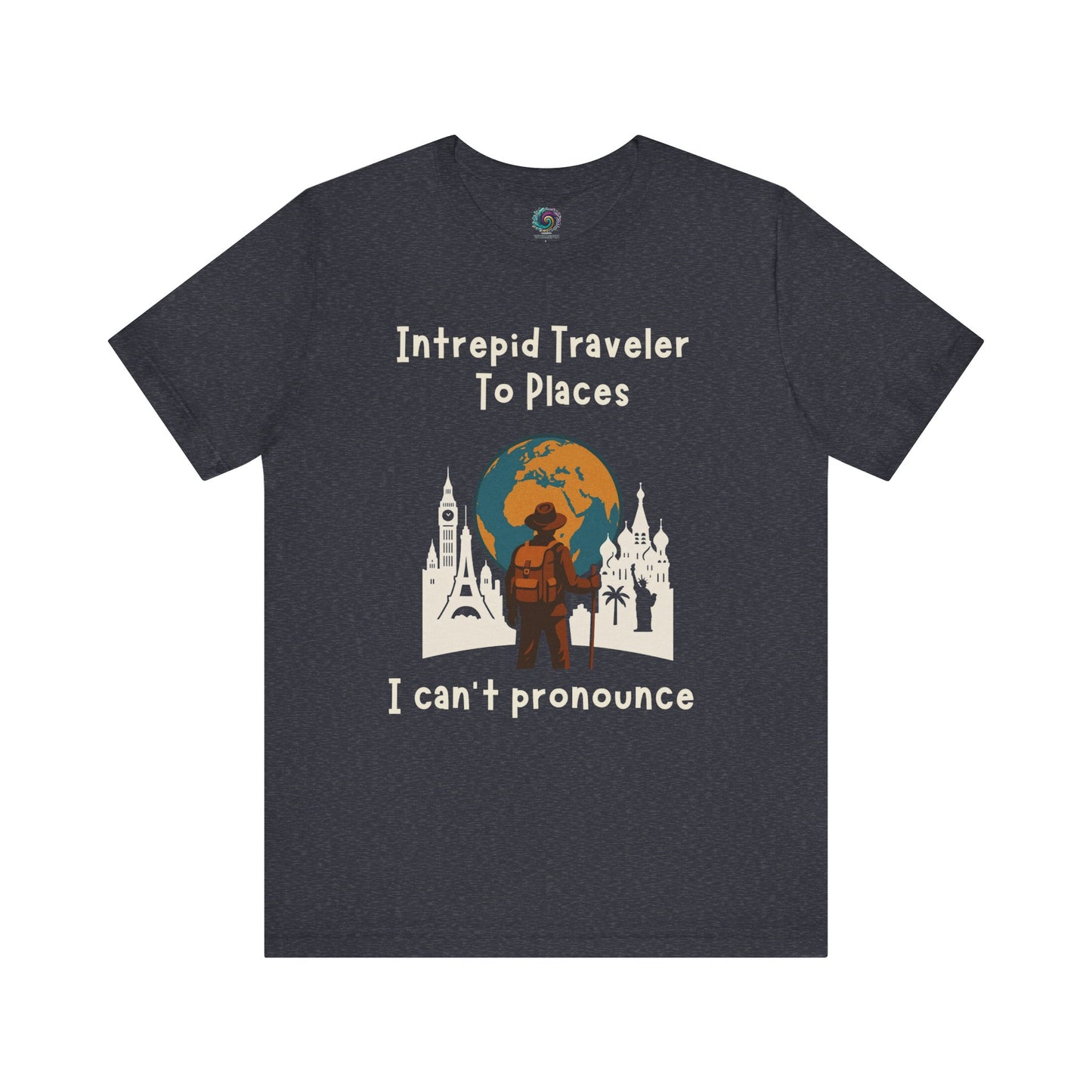 Navy blue t-shirt with a graphic design and text on a white background for international travelers