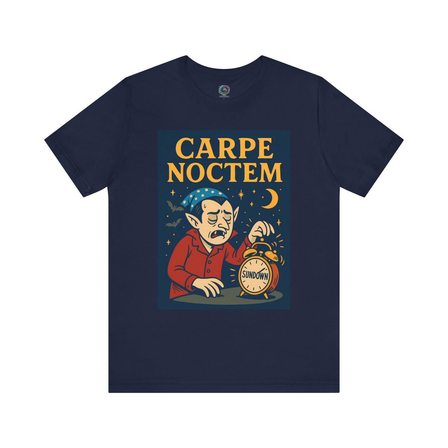 Navy blue t-shirt with 'Carpe Noctem' graphic design featuring a vampire with an alarm clock and moon. Perfect for Halloween parites and night owls
