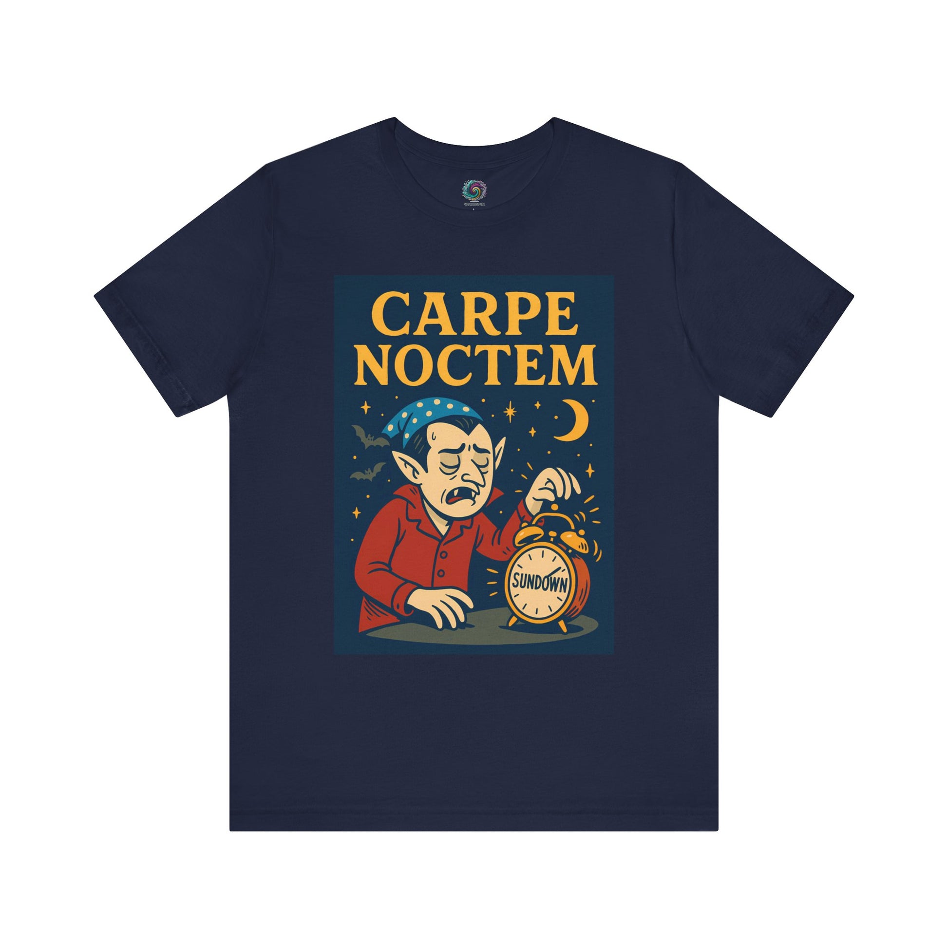 Navy blue t-shirt with 'Carpe Noctem' graphic design featuring a vampire with an alarm clock and moon. Perfect for Halloween parites and night owls