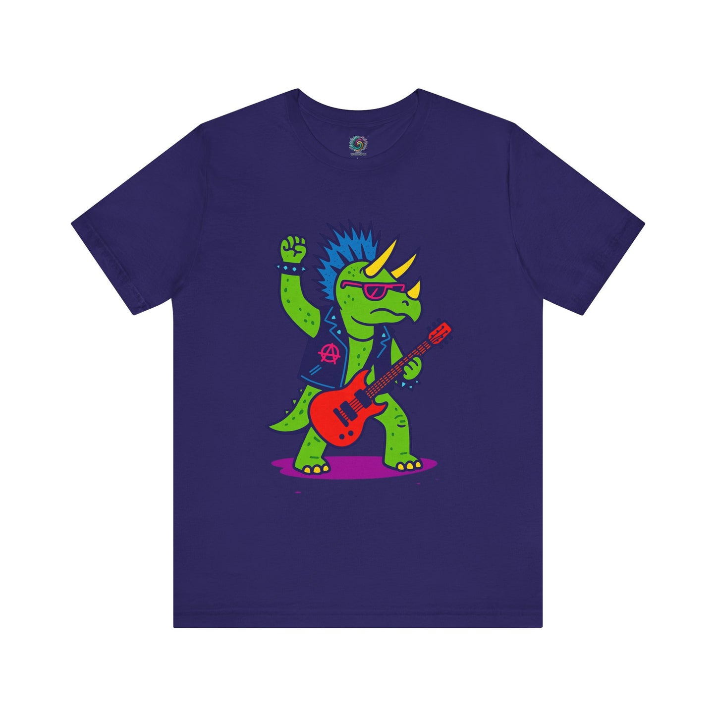 Punk Rock Triceratops T-Shirt – Funny Dinosaur Tee for Adults in team navy, great for those who love dinosaur music mashups and bold rockstar design.