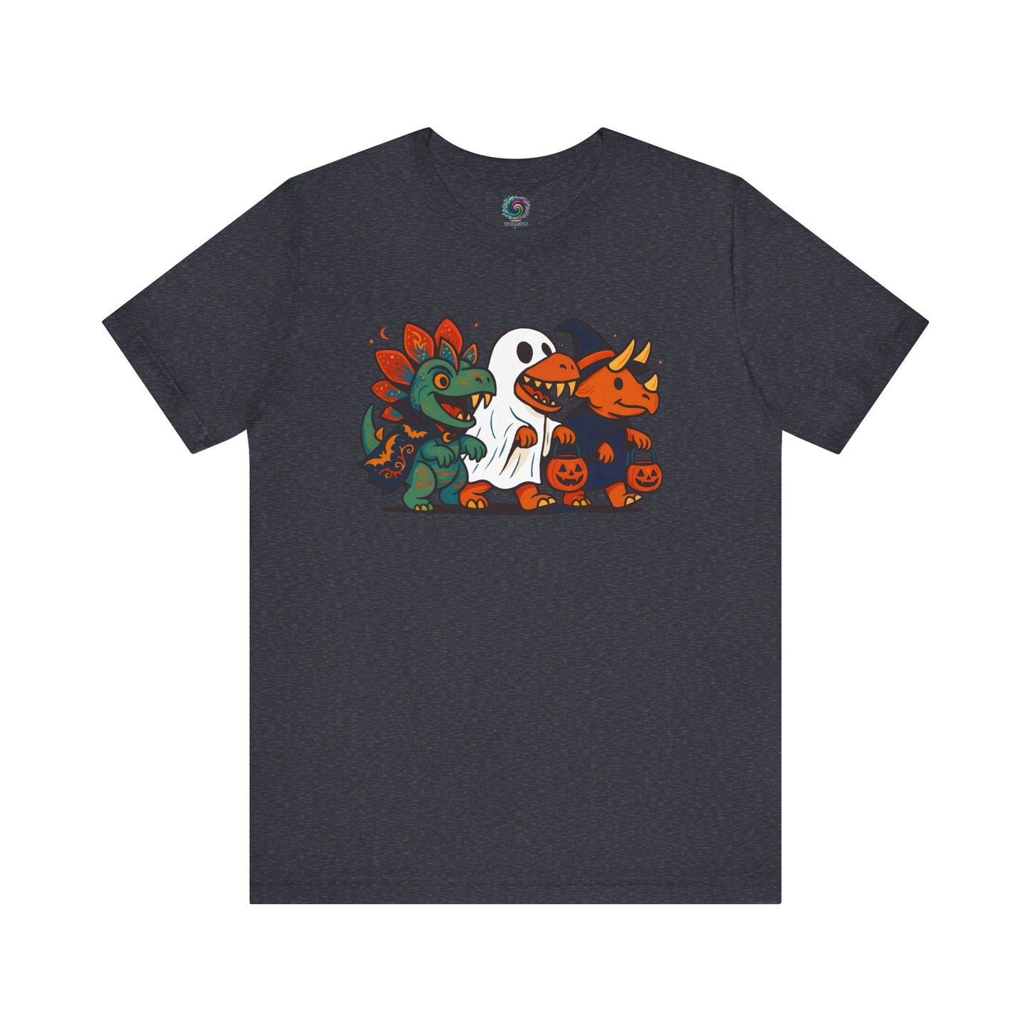 Navy t-shirt with colorful Halloween dinosaur graphic on a white background. he graphic features a stegosaurs dressed as a vampire, a t-rex dressed as a ghost, and a triceratops dressed as a witch