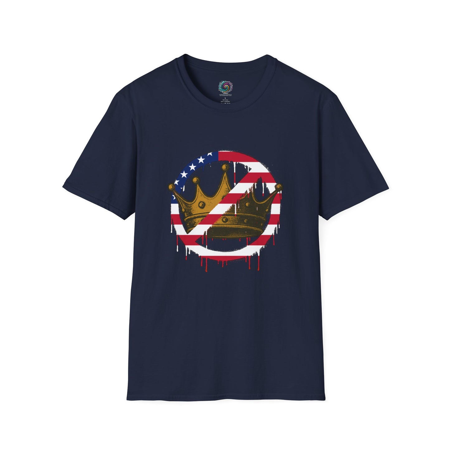 Navy No Kings Protest T-Shirt from WhimSpin with a graphic design featuring a crown with the "no" slashed circle symbol drawn in an American flag pattern on a white background