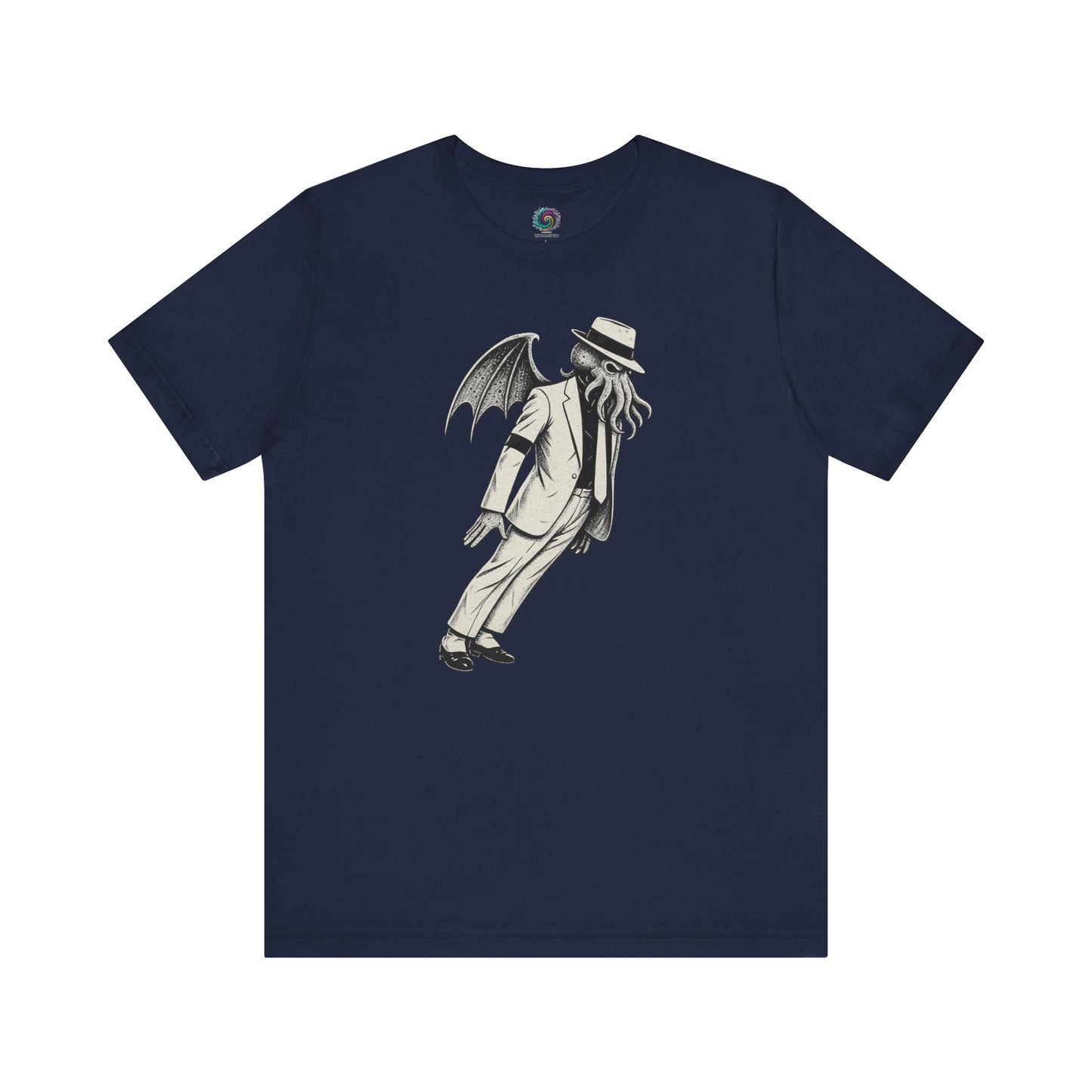 Smooth Cthulhu Unisex T-Shirt – Lovecraft Meets Smooth Criminal Style in navy, flat lay Cthulhu Michael Jackson parody.