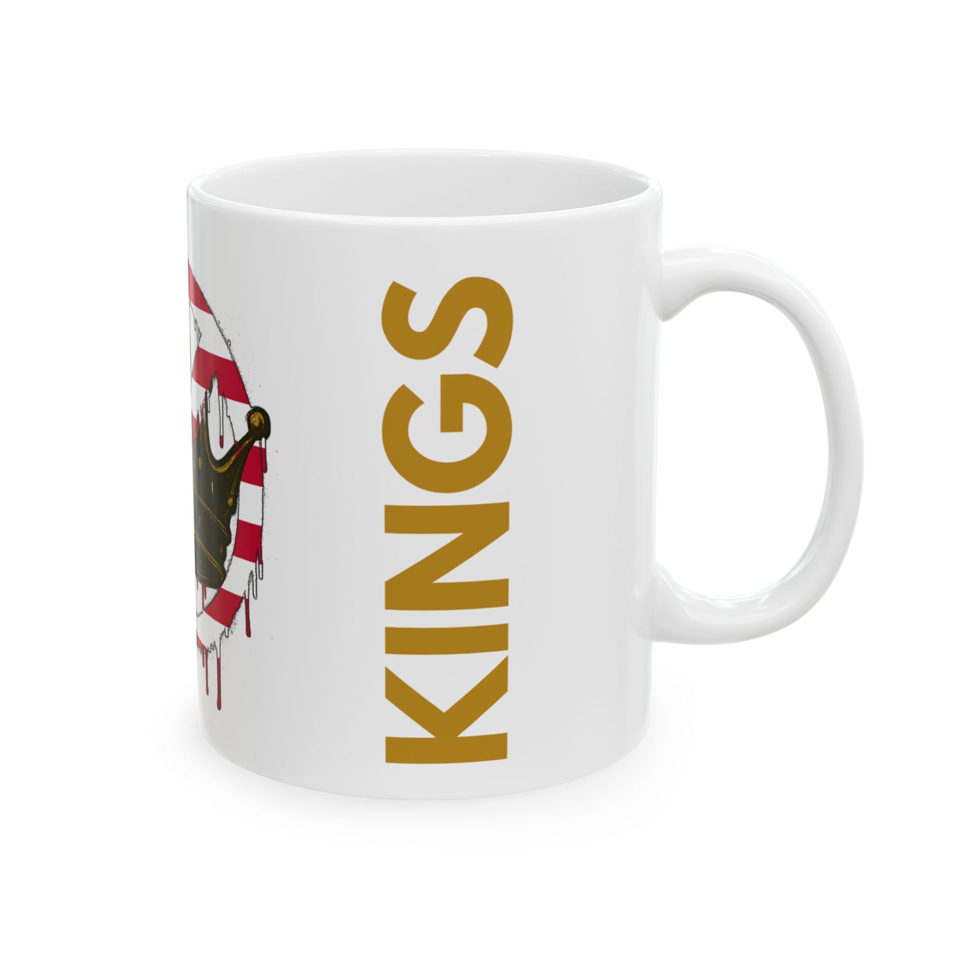No Kings Mug 11oz– Anti-Monarchy Coffee Cup displaying the “KINGS” half of the design in golden text next to a distressed crown, with bold protest aesthetic.