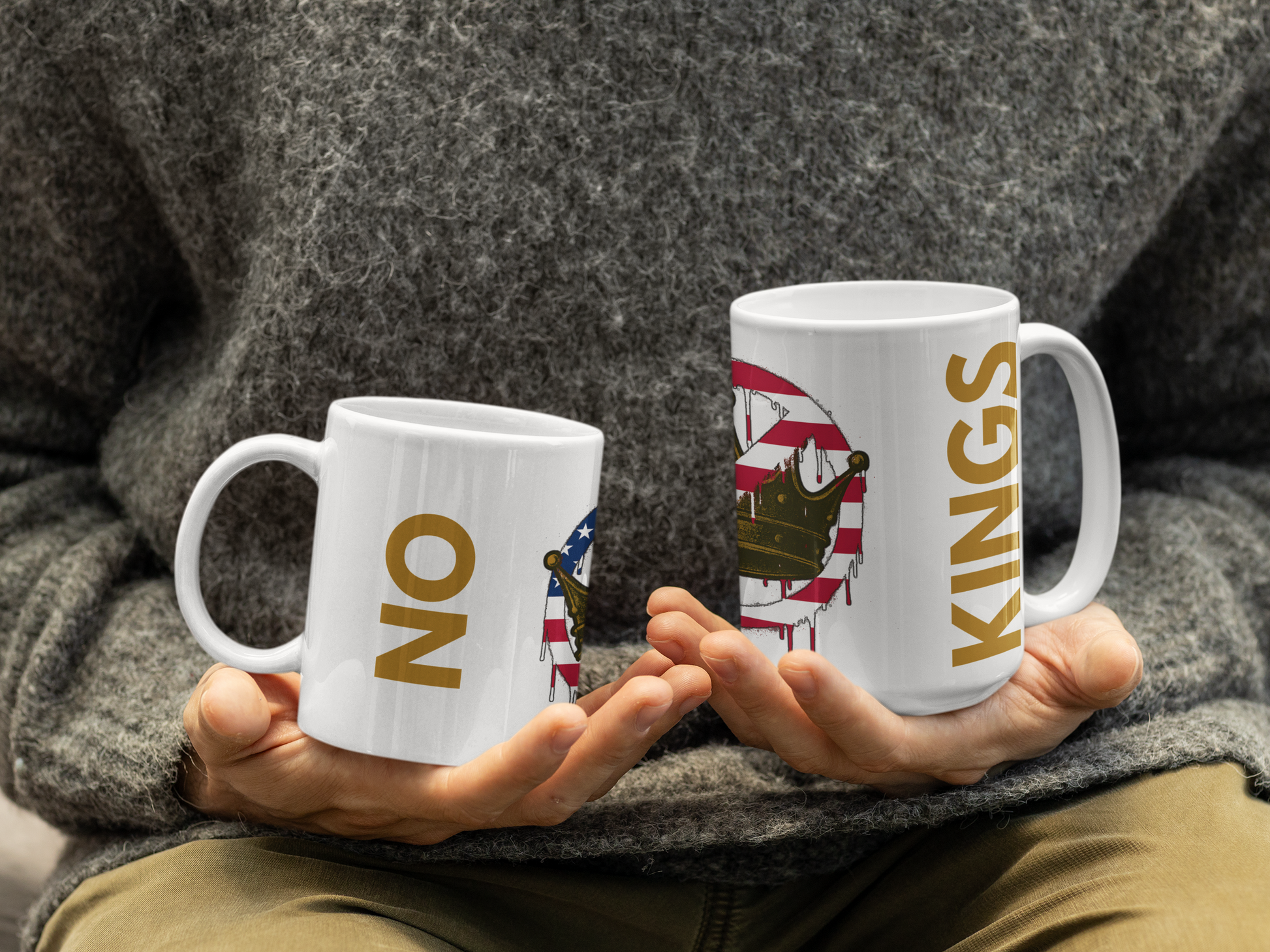 No Kings Mug – Anti-Monarchy Coffee Cup in both 11oz and 15oz sizes held side-by-side in hands to highlight the size difference and bold design visibility.