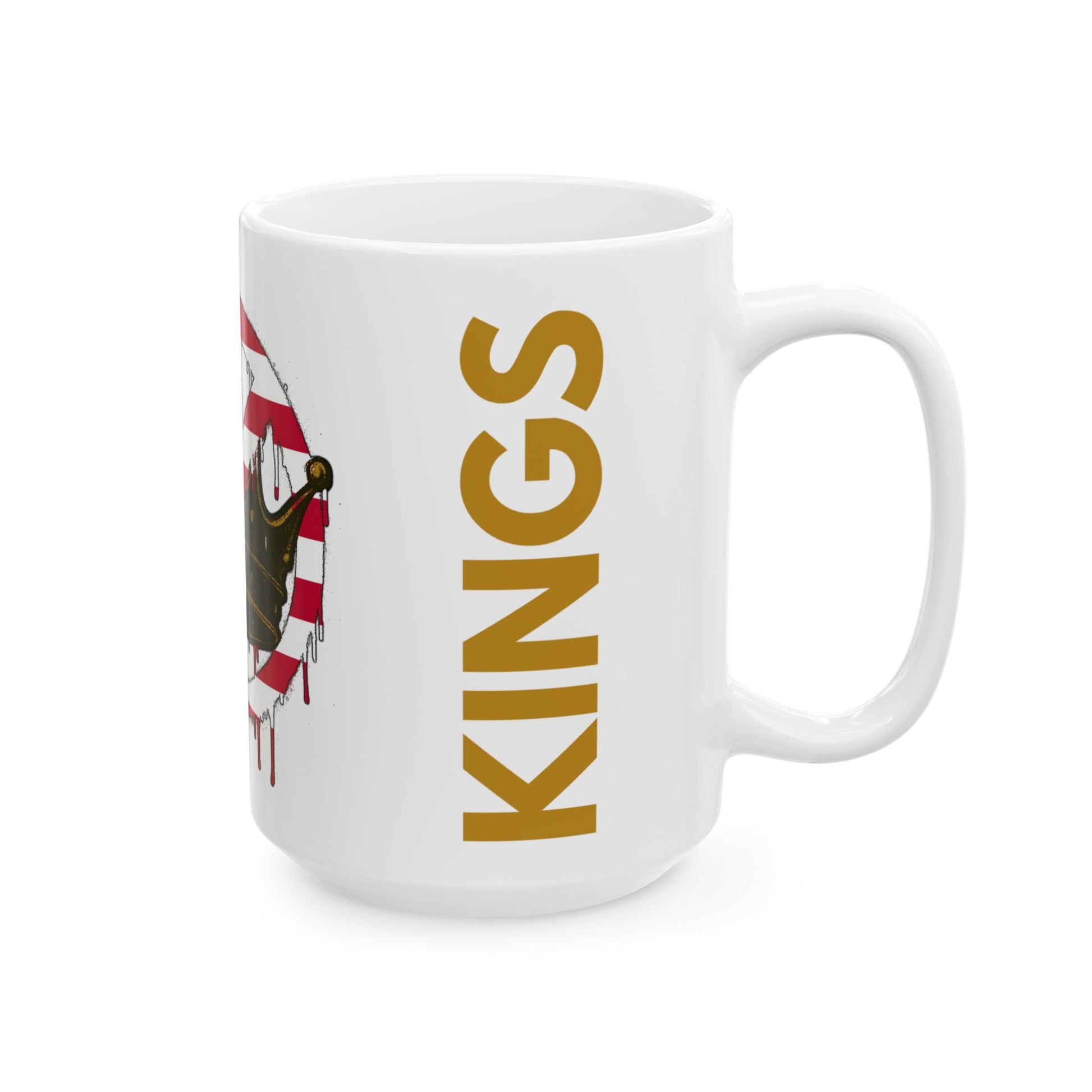 No Kings Mug 15oz– Anti-Monarchy Coffee Cup displaying the “KINGS” half of the design in golden text next to a distressed crown, with bold protest aesthetic.