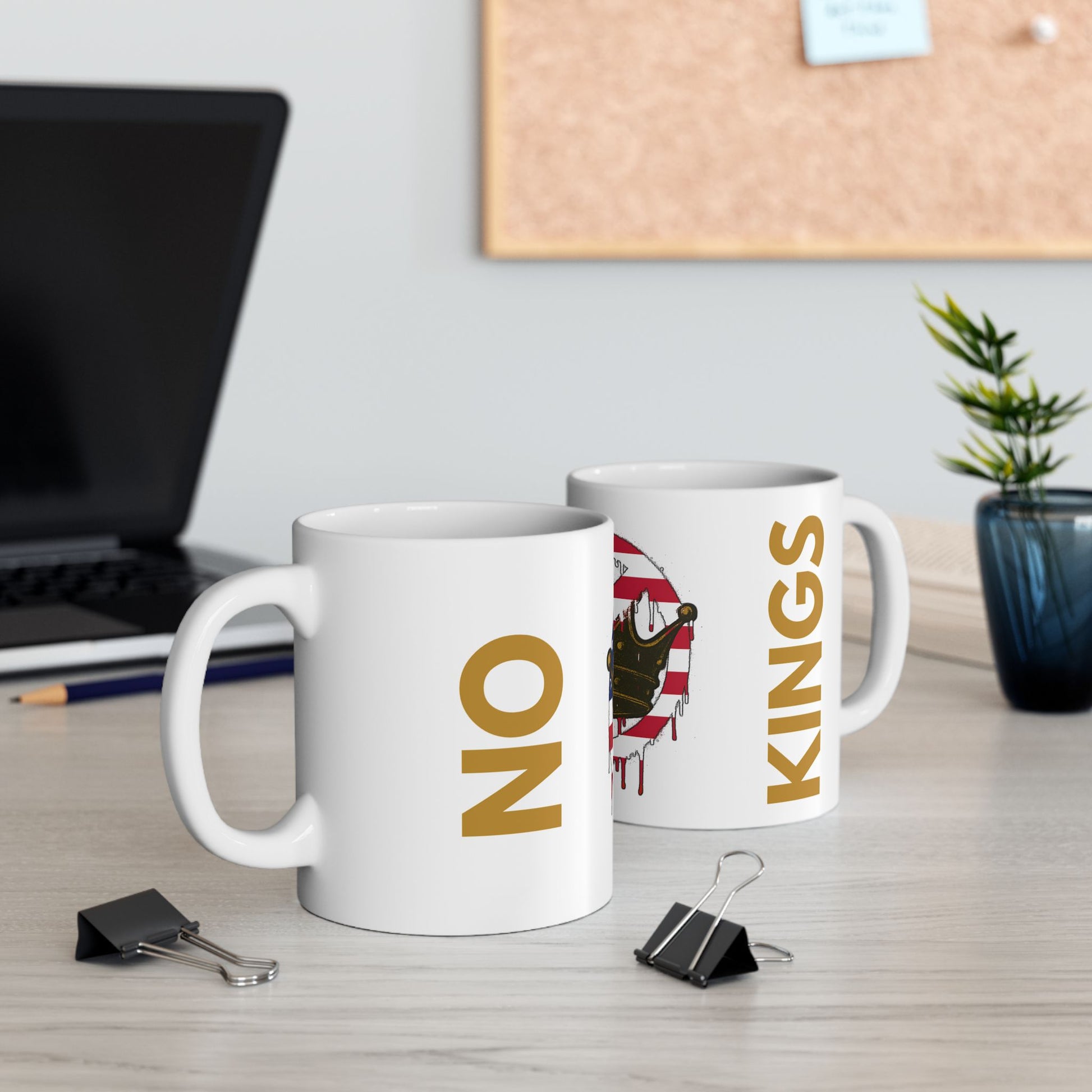 No Kings Mug – Anti-Monarchy Coffee Cup on a desk next to laptop and notepad, with the full protest design visible, perfect for work-from-home vibes.