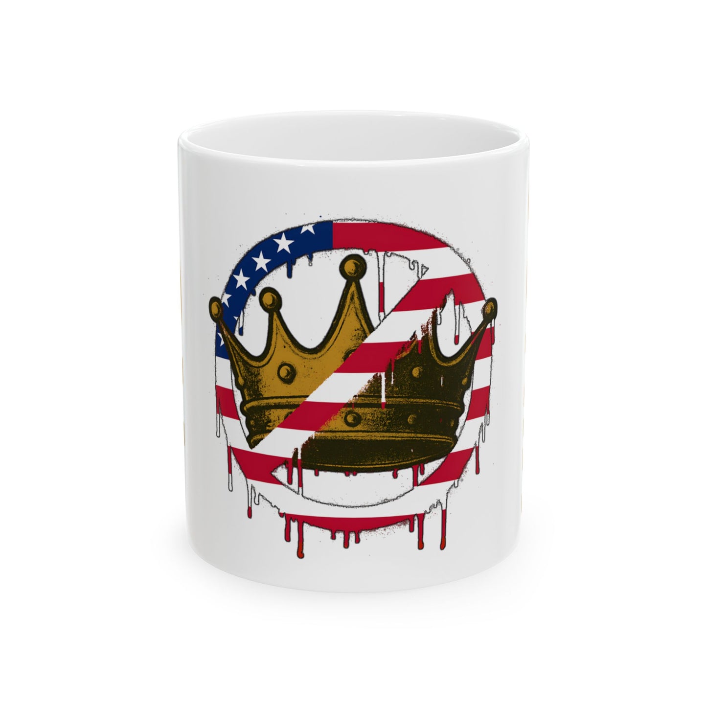 No Kings Mug – Anti-Monarchy Coffee Cup with Patriotic Crown Design featuring a dripping gold crown and crossed-out red lines over an American flag motif, shown in a clear front view on a tall white ceramic mug.