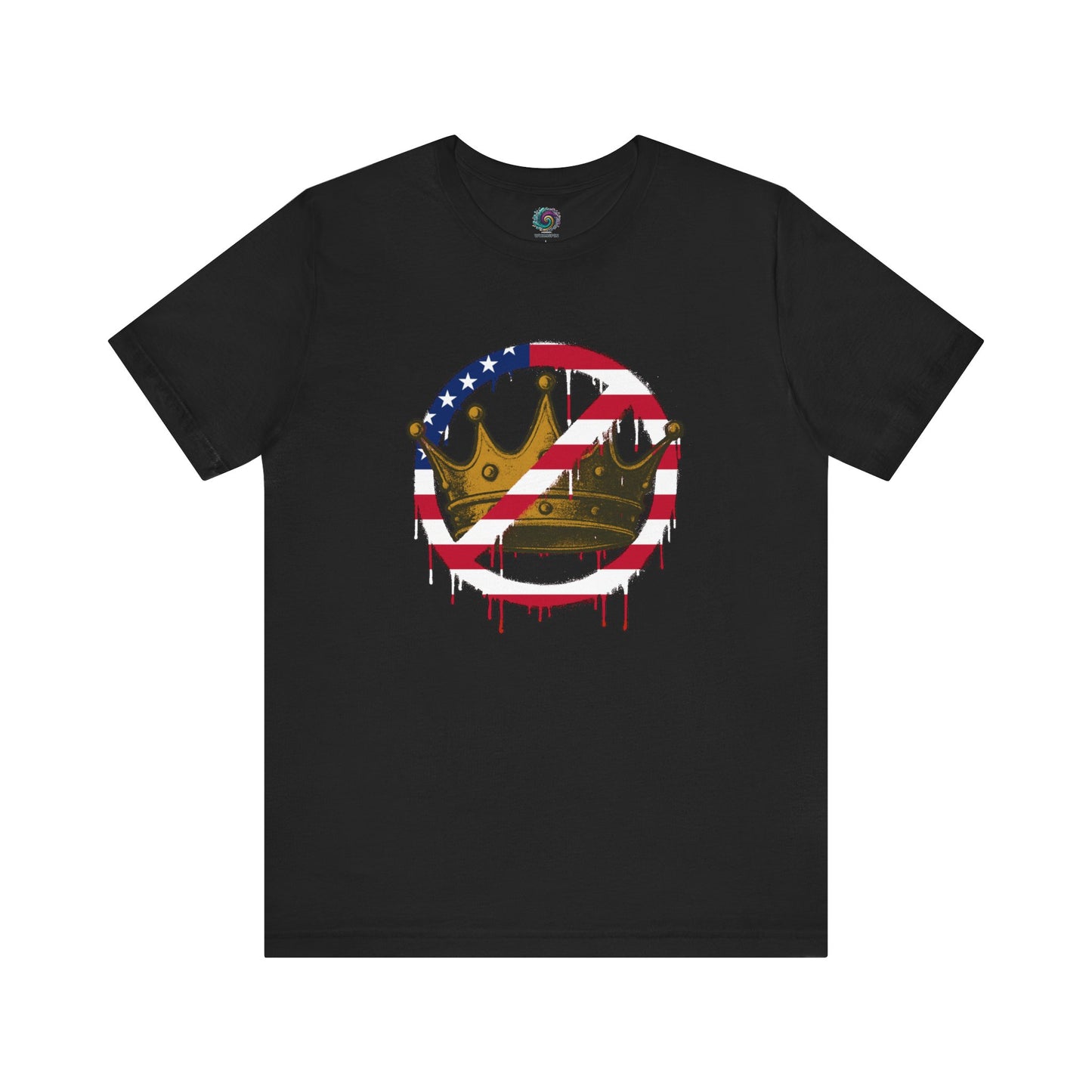 No Kings Protest T-Shirt – Anti-Authoritarian Democracy Graphic Tee in bold black with U.S. flag strike-through over crown design