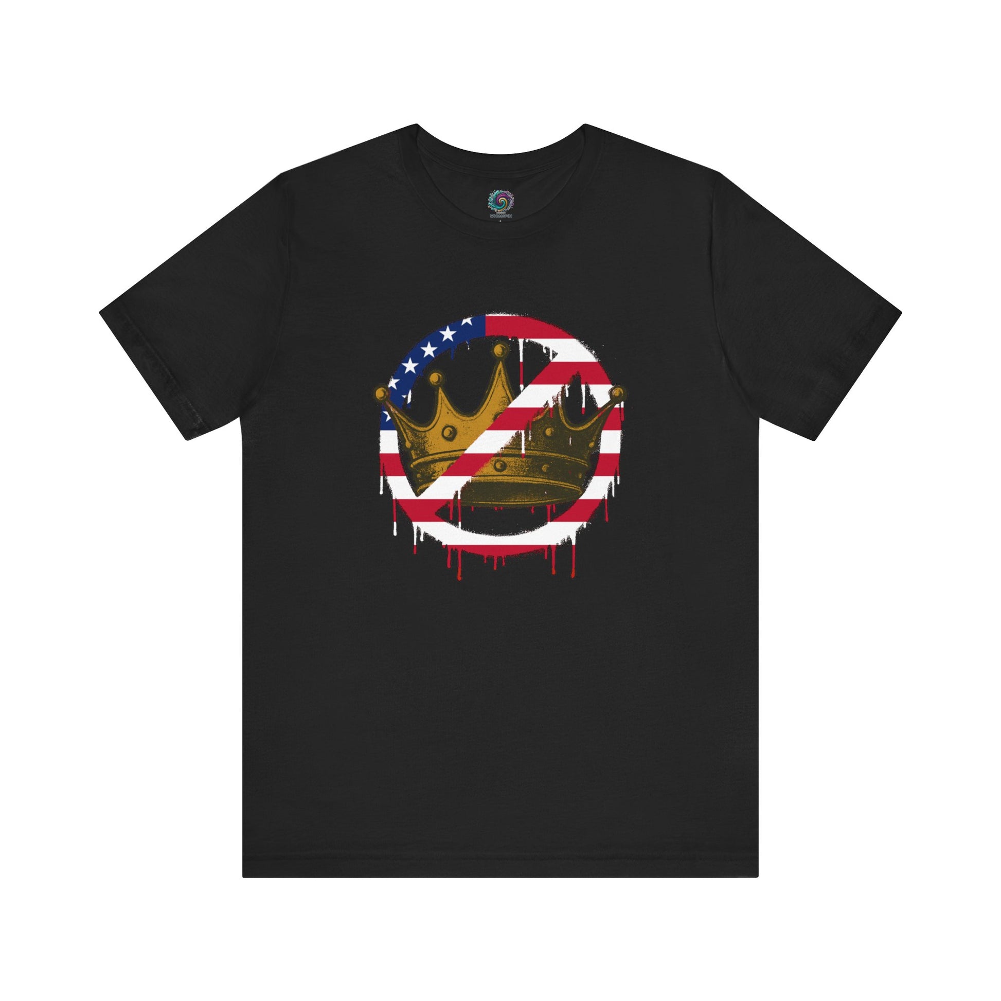 No Kings Protest T-Shirt – Anti-Authoritarian Democracy Graphic Tee in bold black with U.S. flag strike-through over crown design