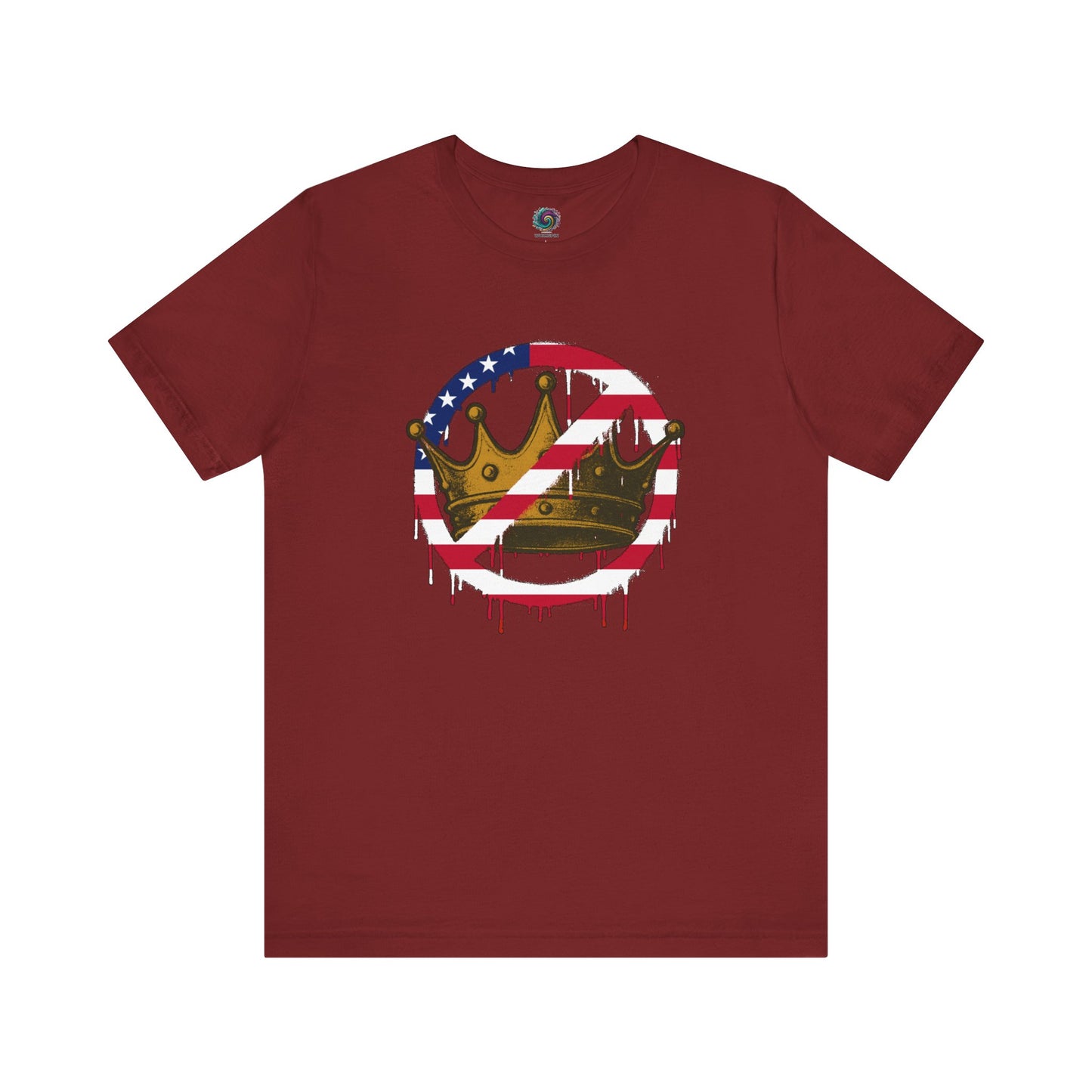 No Kings Protest T-Shirt – Anti-Authoritarian Democracy Graphic Tee in deep cardinal red with dripping American flag crown graphic