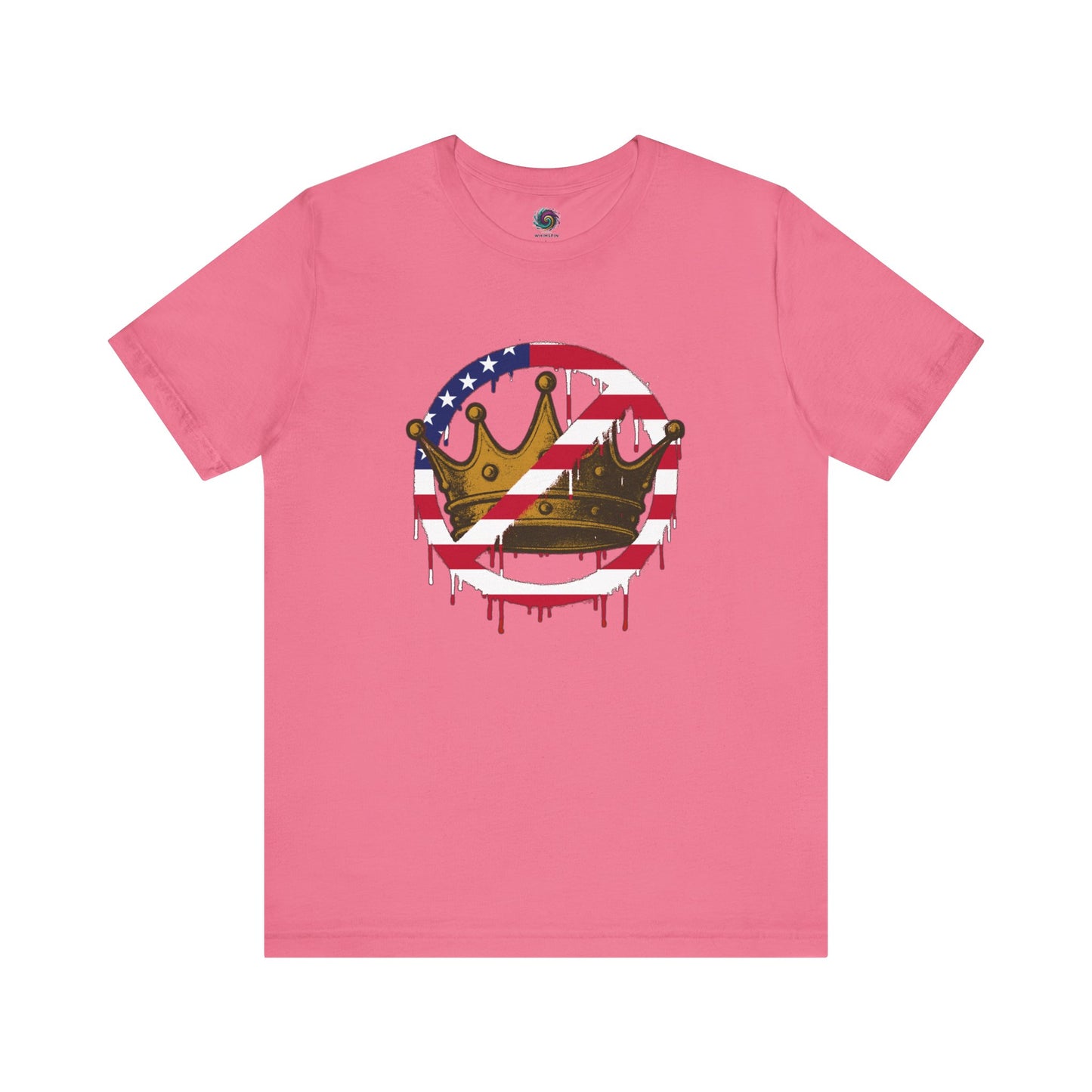 No Kings Protest T-Shirt – Anti-Authoritarian Democracy Graphic Tee in soft charity pink with distressed crown and American flag