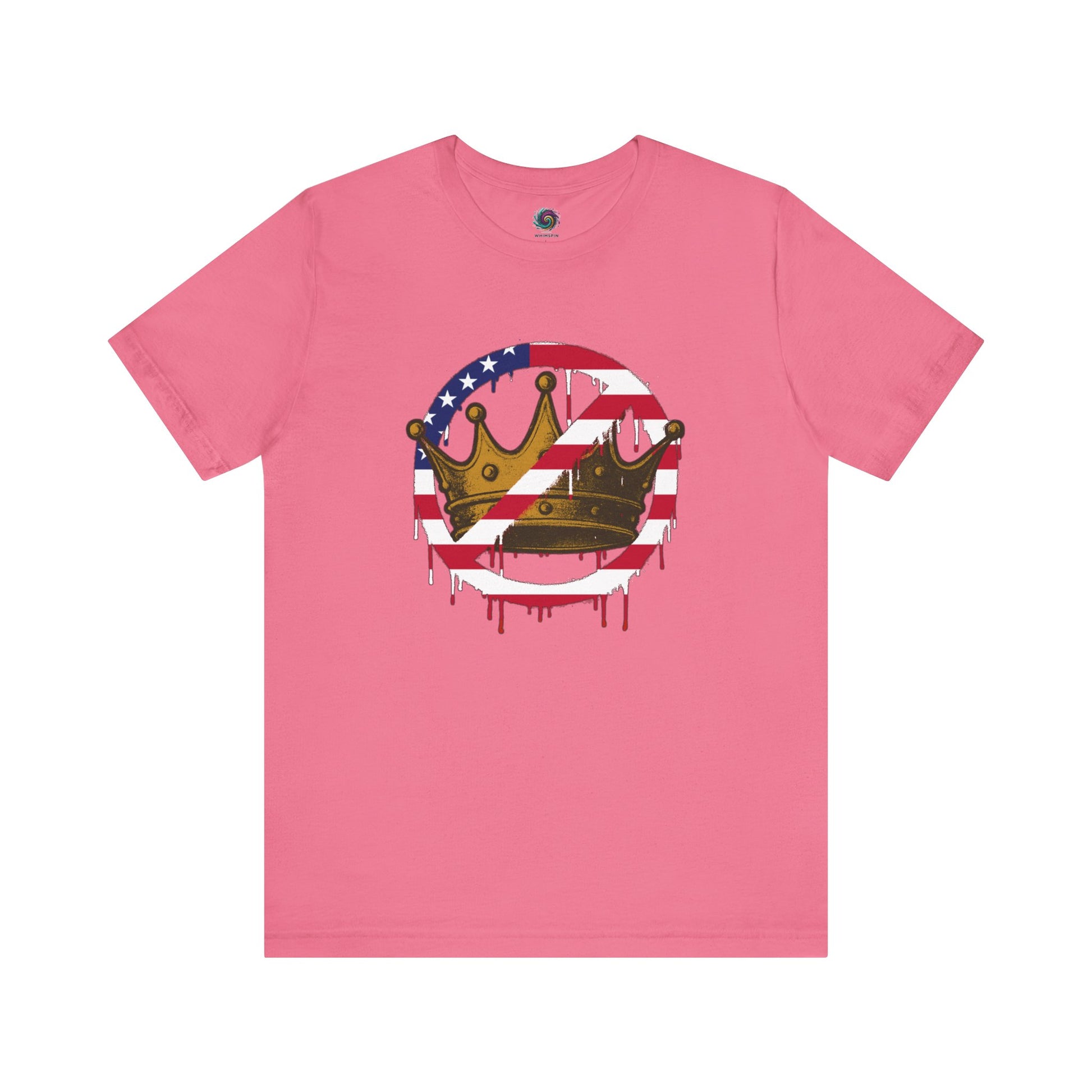 No Kings Protest T-Shirt – Anti-Authoritarian Democracy Graphic Tee in soft charity pink with distressed crown and American flag