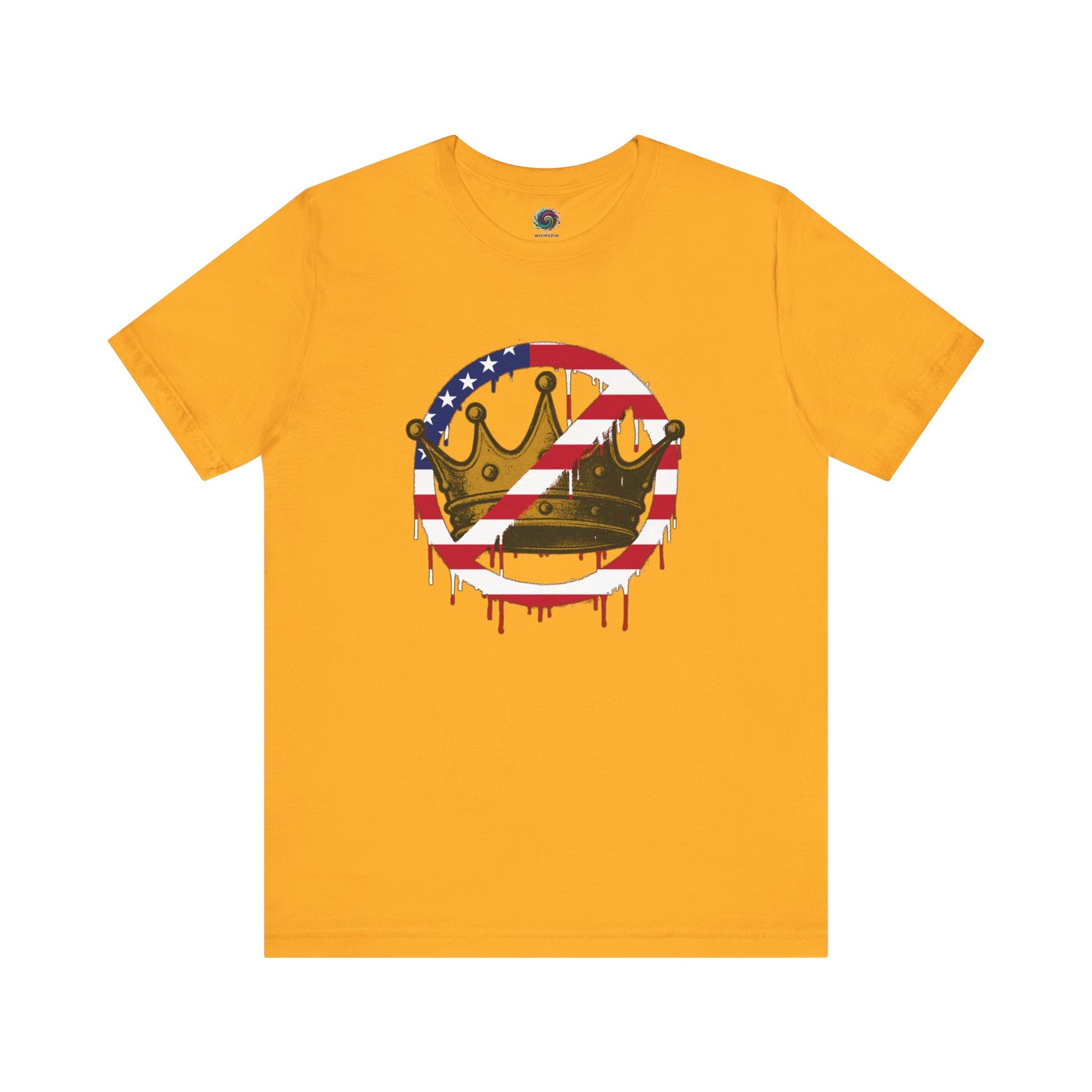 No Kings Protest T-Shirt – Anti-Authoritarian Democracy Graphic Tee in bright gold featuring patriotic anti-monarchy design