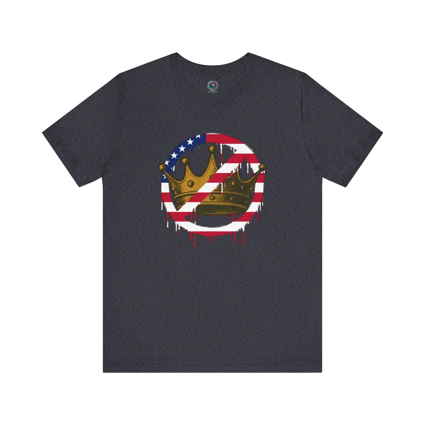No Kings Protest T-Shirt – Anti-Authoritarian Democracy Graphic Tee in soft heather navy with American flag crown illustration