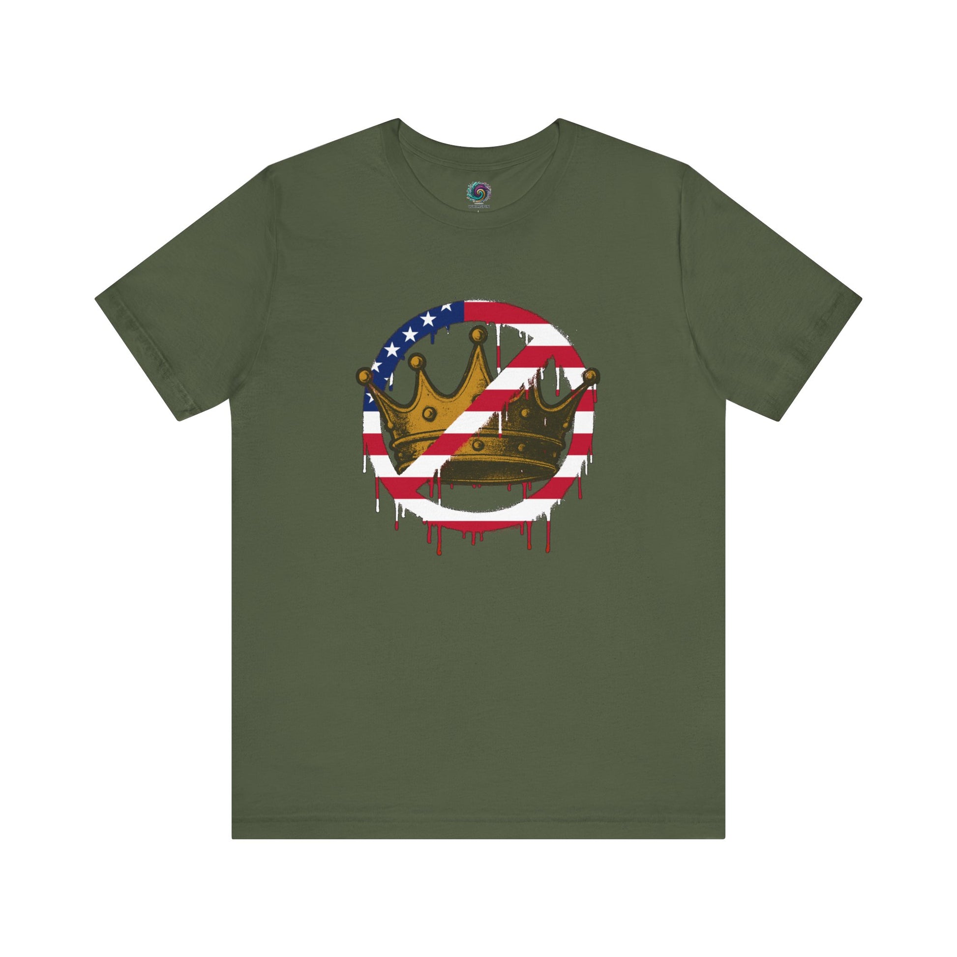 No Kings Protest T-Shirt – Anti-Authoritarian Democracy Graphic Tee in military green featuring bold democratic protest design