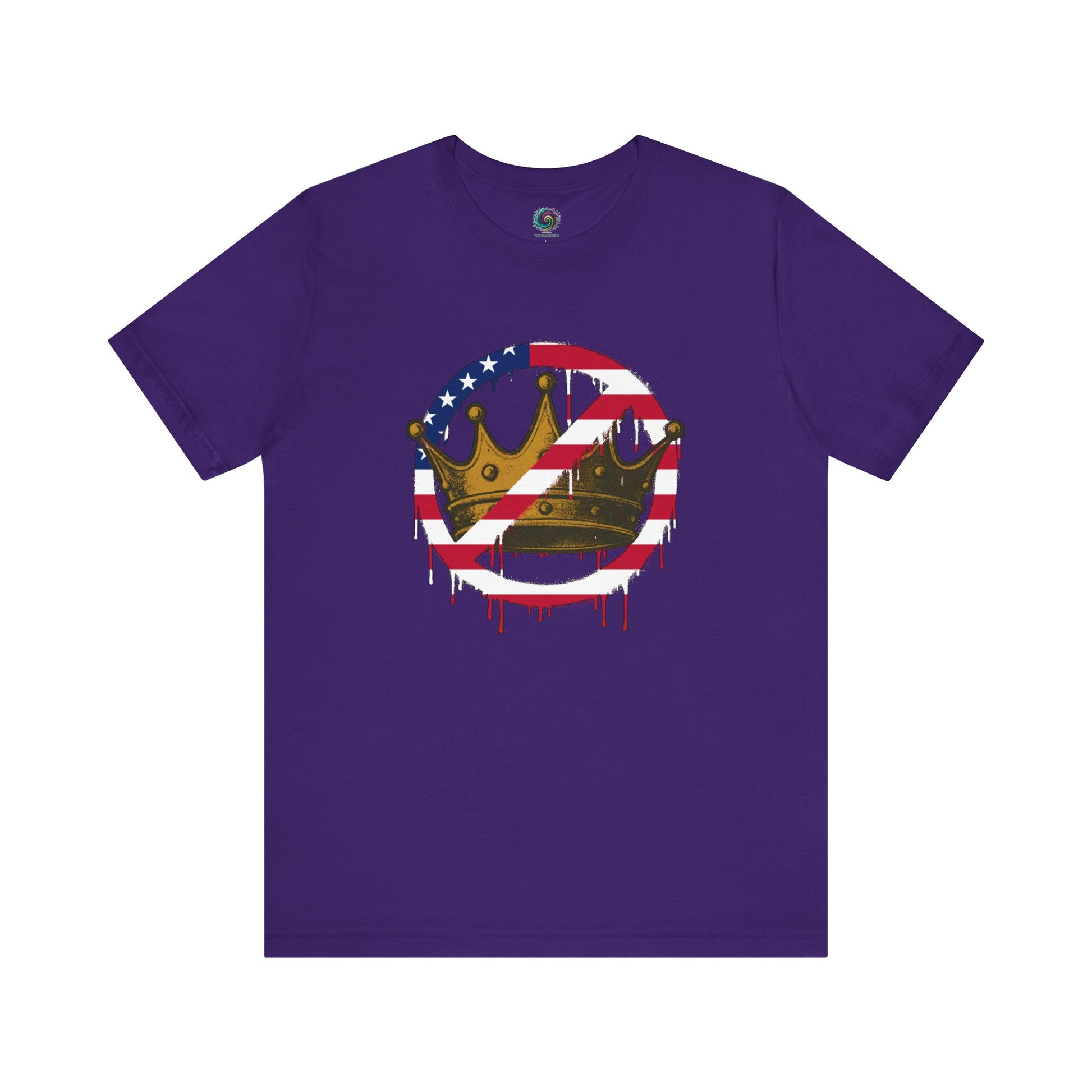 No Kings Protest T-Shirt – Anti-Authoritarian Democracy Graphic Tee in vivid team purple with red, white, and blue crown symbol