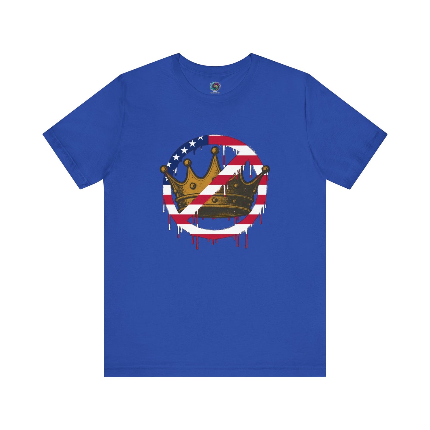 No Kings Protest T-Shirt – Anti-Authoritarian Democracy Graphic Tee in bright true royal blue with patriotic no-kings motif