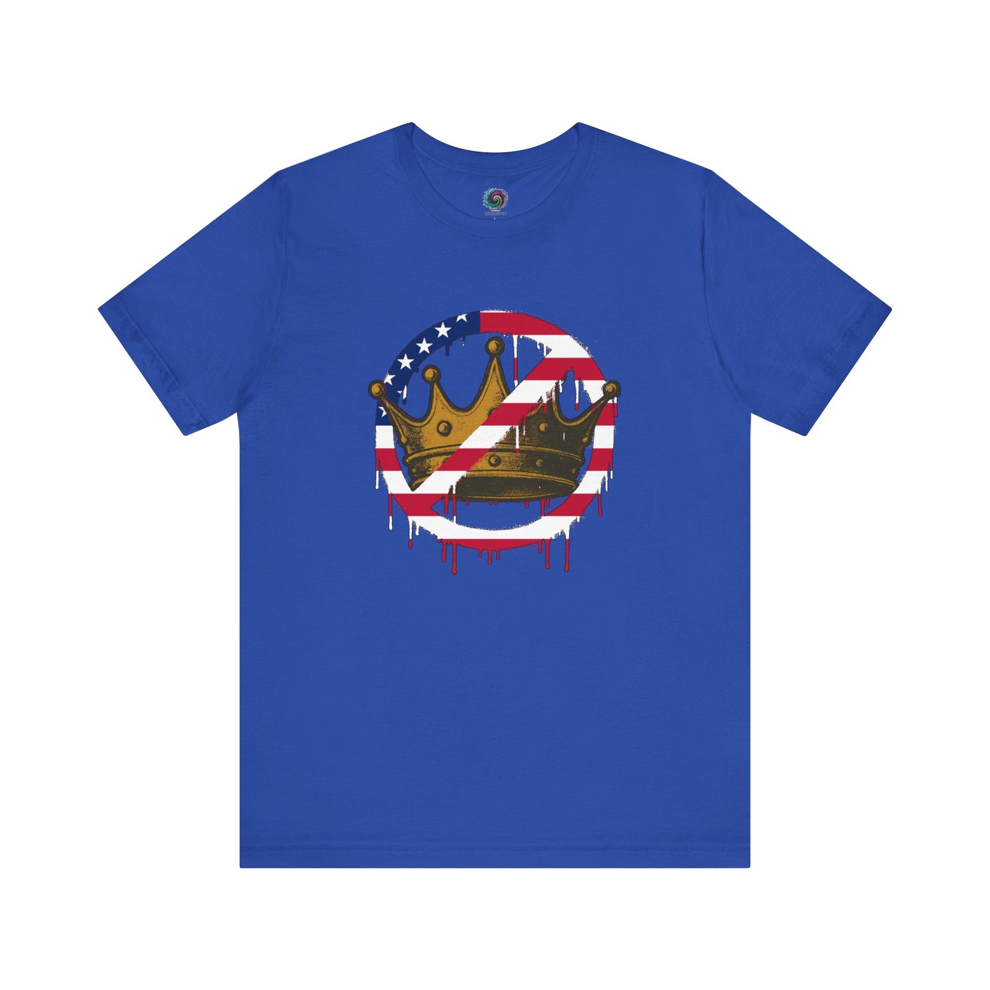 No Kings Protest T-Shirt – Anti-Authoritarian Democracy Graphic Tee in bright true royal blue with patriotic no-kings motif