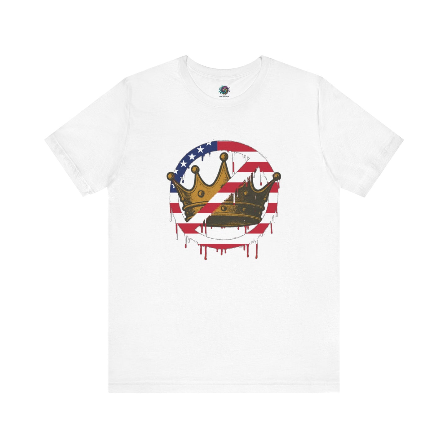 No Kings Protest T-Shirt – Anti-Authoritarian Democracy Graphic Tee in clean white with gold crown crossed out by U.S. flag graphic