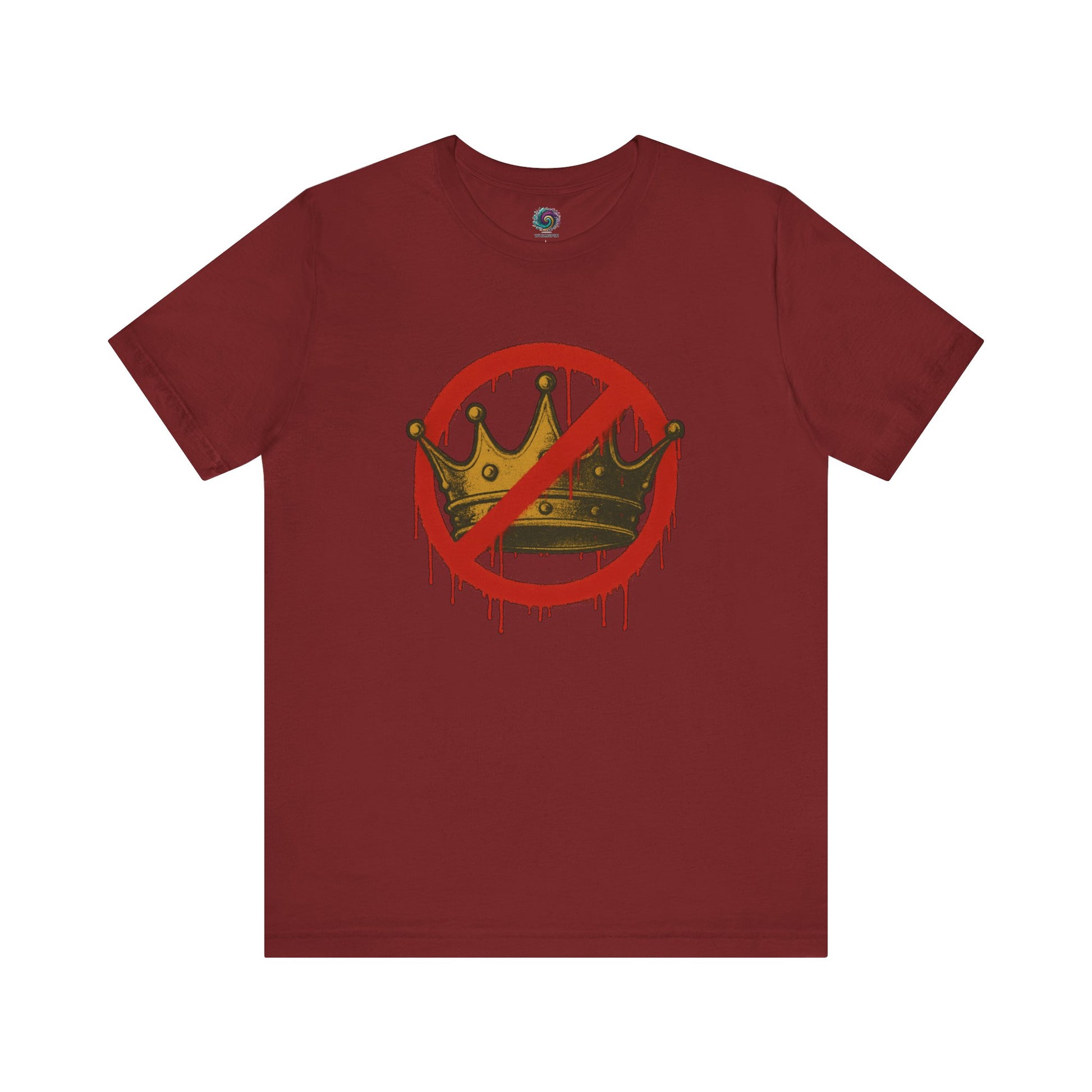 No Kings T-Shirt – Anti-Monarchy Protest Tee for Global Rebels in deep cardinal red with anti-monarchy graphic