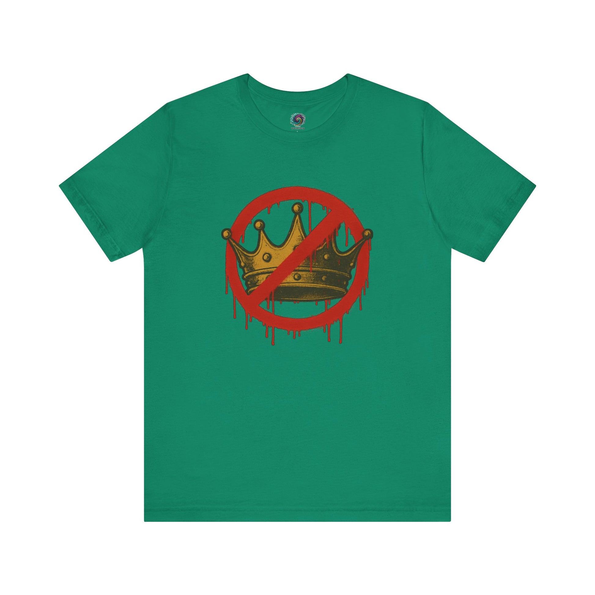 No Kings T-Shirt – Anti-Monarchy Protest Tee for Global Rebels in vibrant Kelly green with symbolic crown graphic