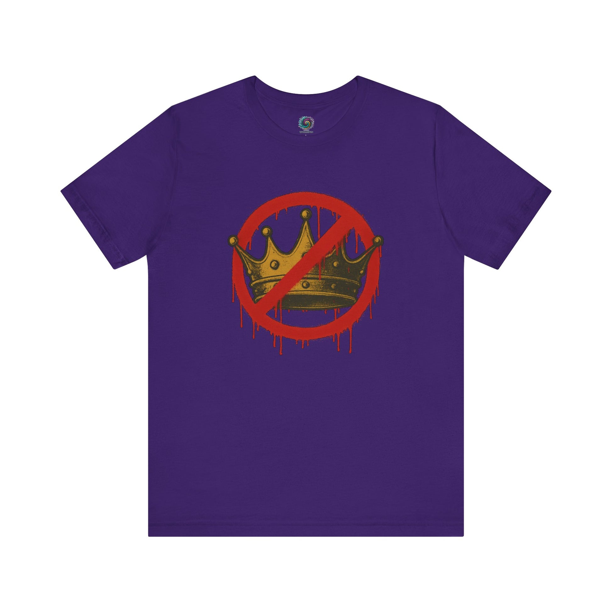 No Kings T-Shirt – Anti-Monarchy Protest Tee for Global Rebels in bold team purple with dripping red crown symbol