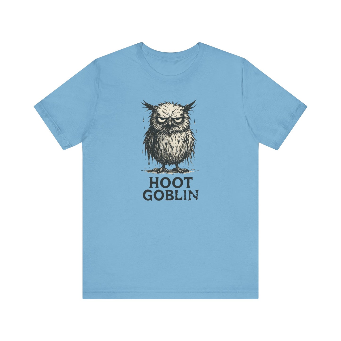 Ocean Blue cute owl shirt with a graphic and 'Hoot Goblin' text on a white background