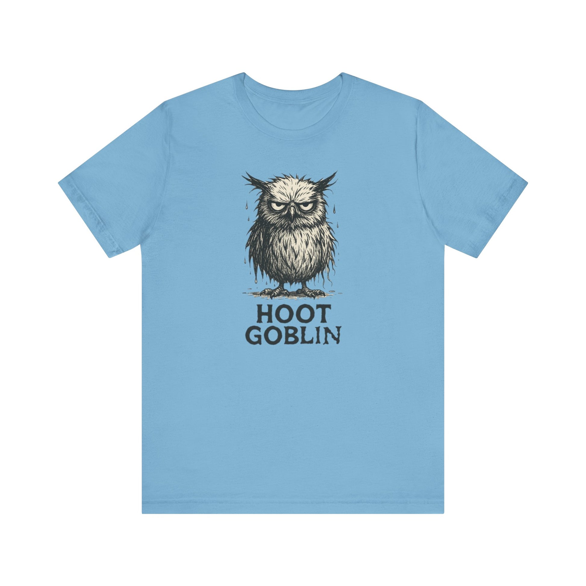 Ocean Blue cute owl shirt with a graphic and 'Hoot Goblin' text on a white background