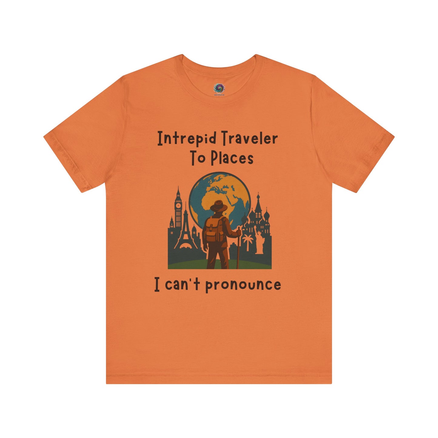 Orange t-shirt with travel-themed design and text on a white background