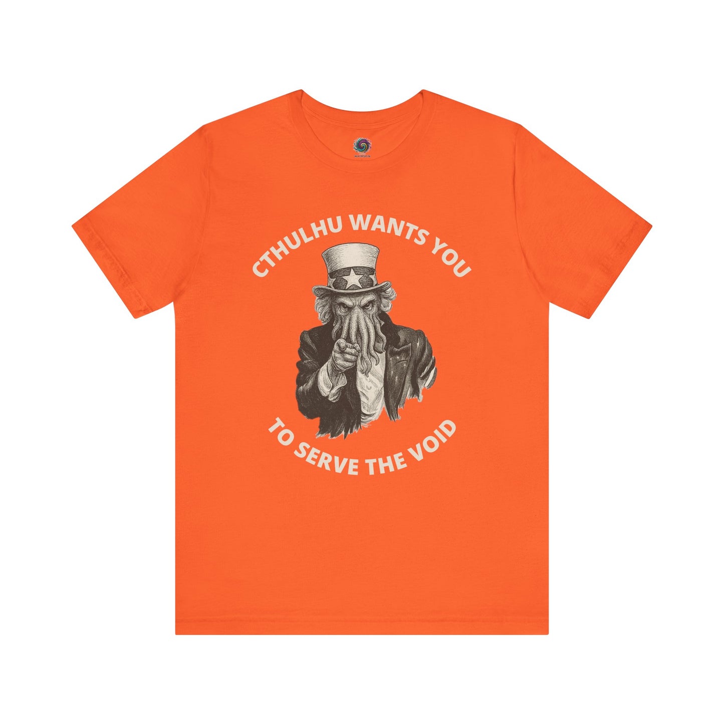 Cthulhu Wants You T-Shirt – Mythos Horror Tee for Lovecraft Fans in orange with bold Cthulhu t-shirt design parodying Uncle Sam’s iconic poster.