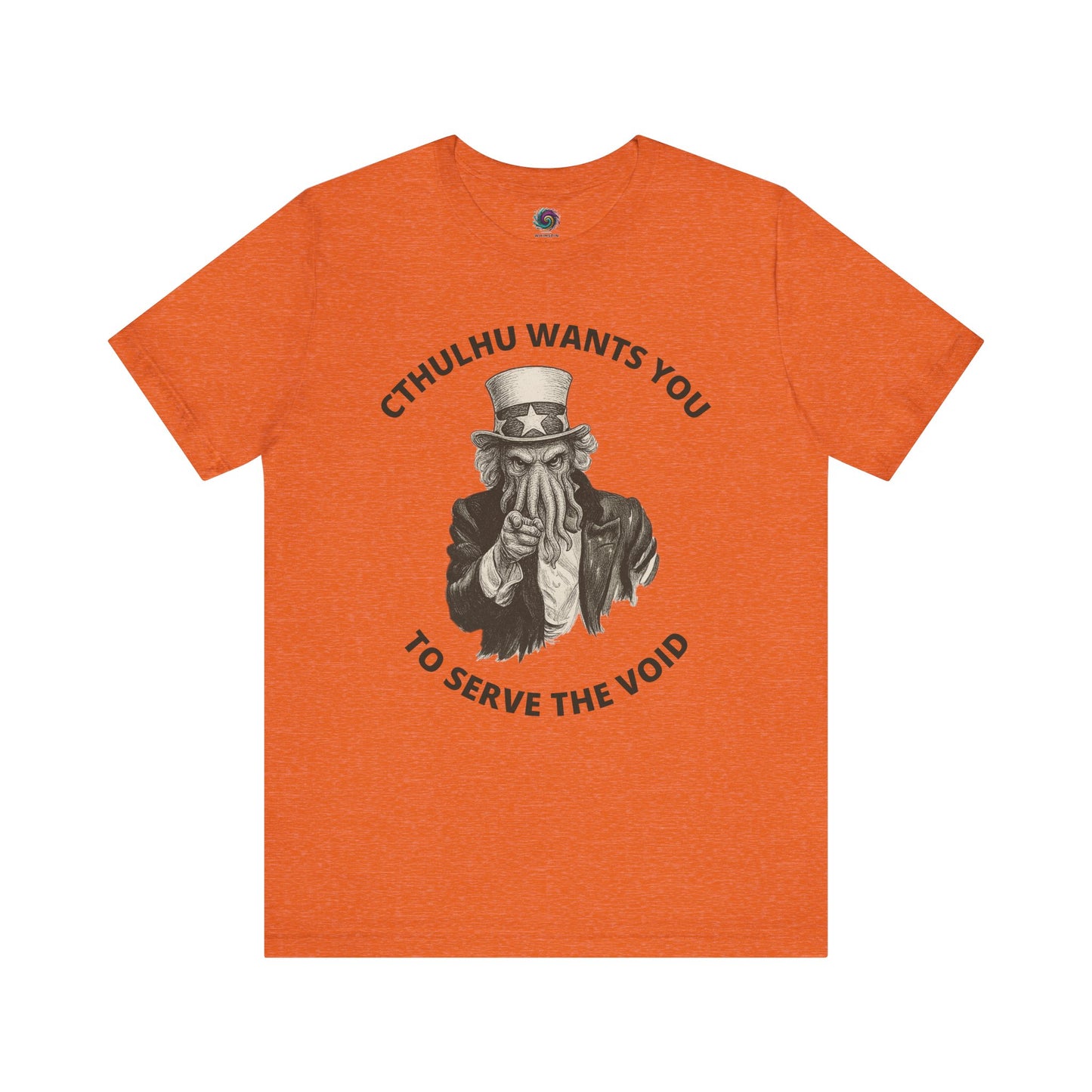 Cthulhu Wants You T-Shirt – Mythos Horror Tee for Lovecraft Fans in orange with bold Cthulhu t-shirt design parodying Uncle Sam’s iconic poster.