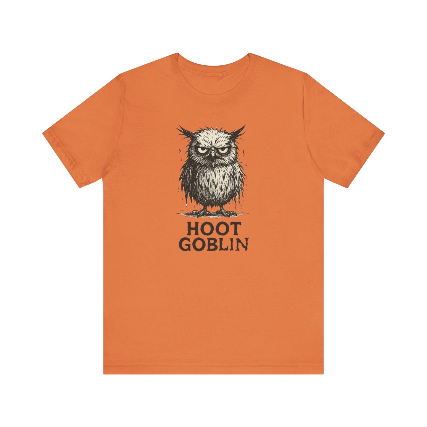 Orange owl t-shirt with 'Hoot Goblin' graphic on a white background