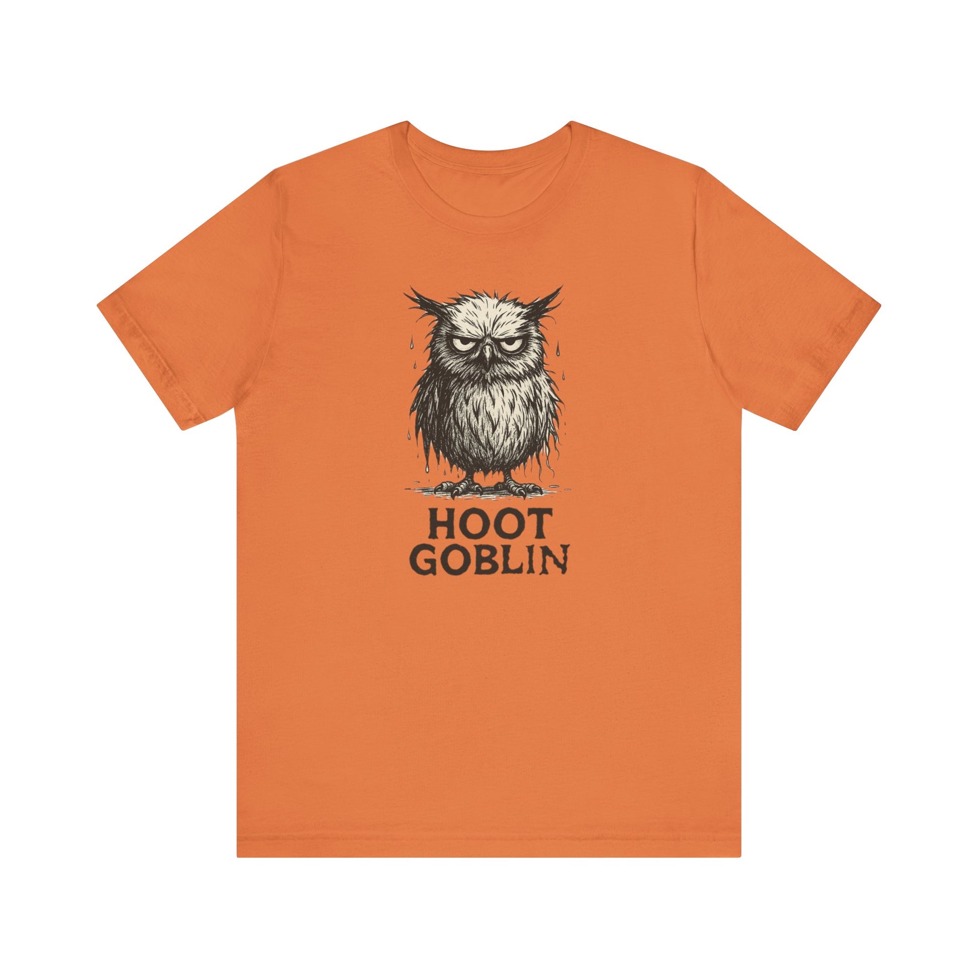 Orange owl t-shirt with 'Hoot Goblin' graphic on a white background