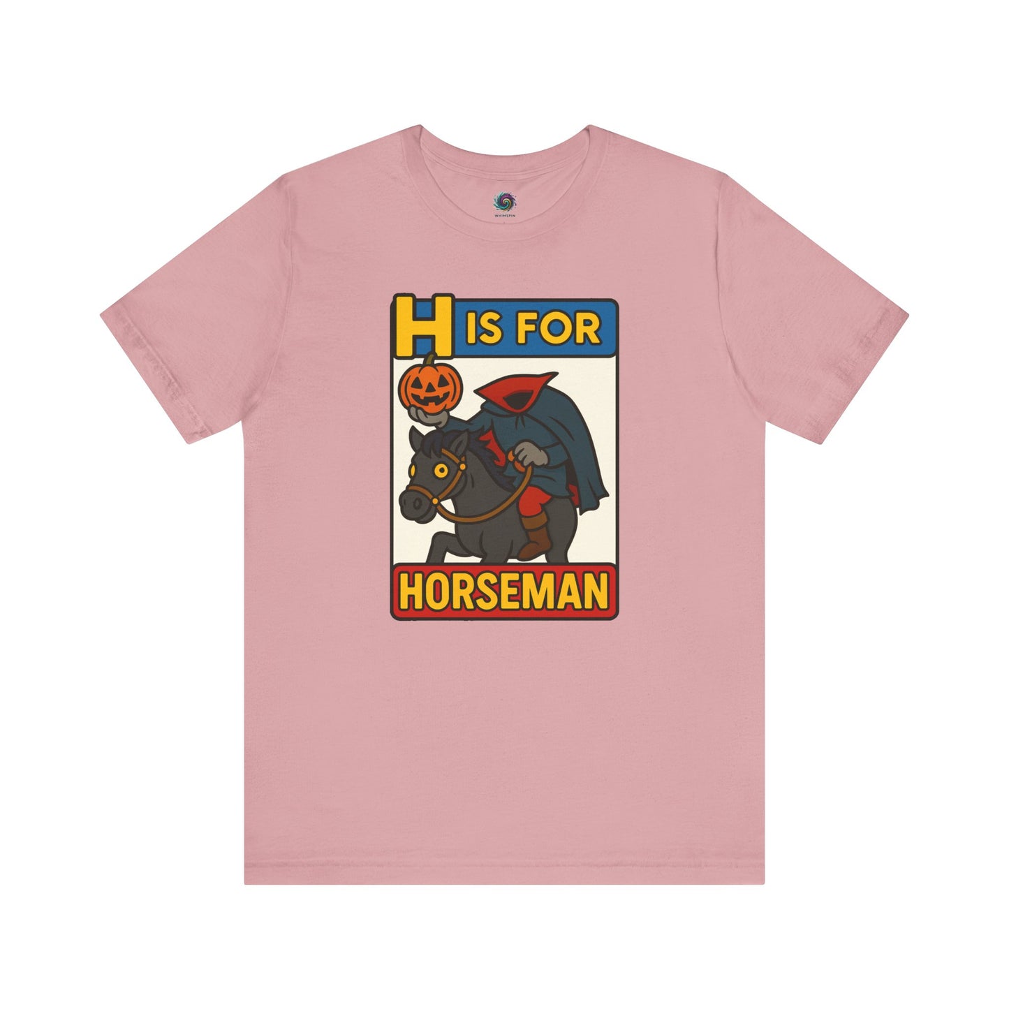 H is for Horseman T-Shirt – Headless Horseman Halloween Tee in orchid, flat lay funny headless horseman shirt from Monster Alphabet collection.