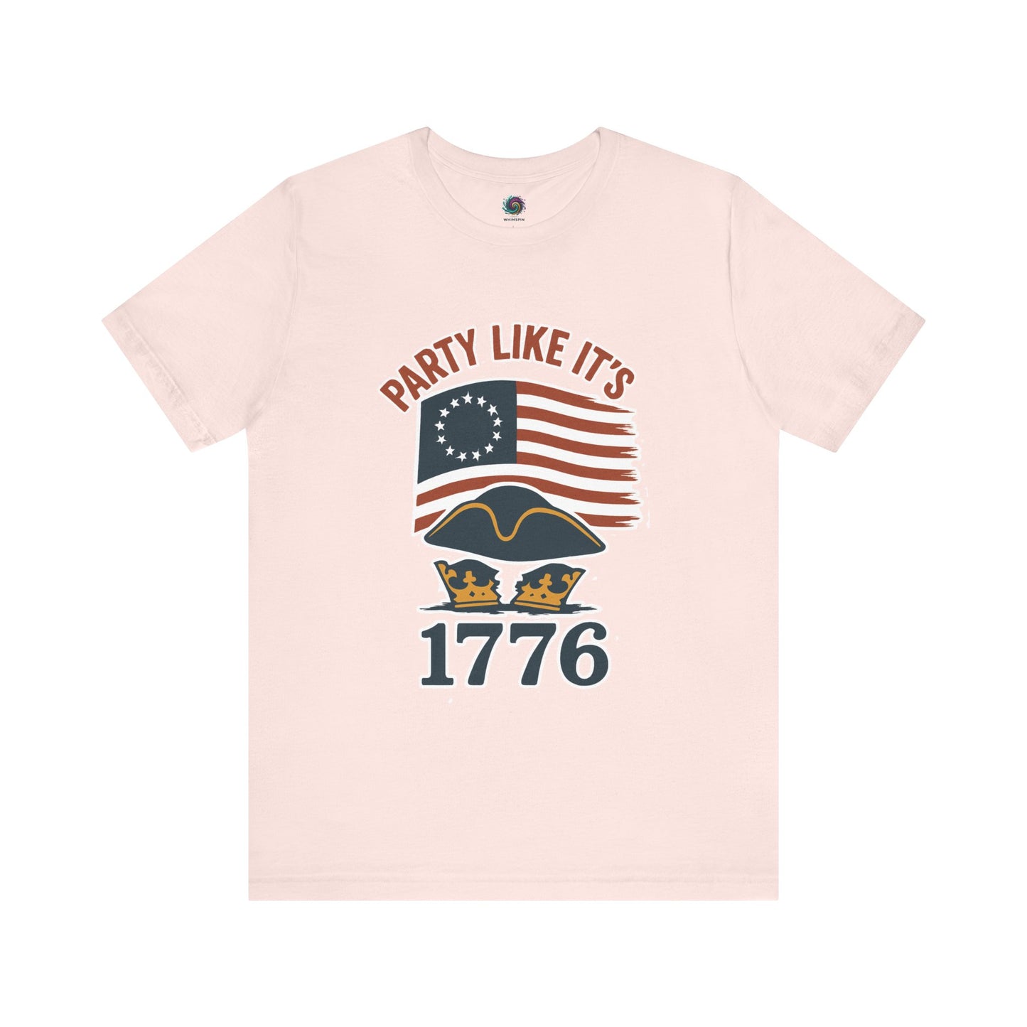 Pink t-shirt with text that says 'Party Like It's 1776'  and an American flag and tricorner hat graphic design
