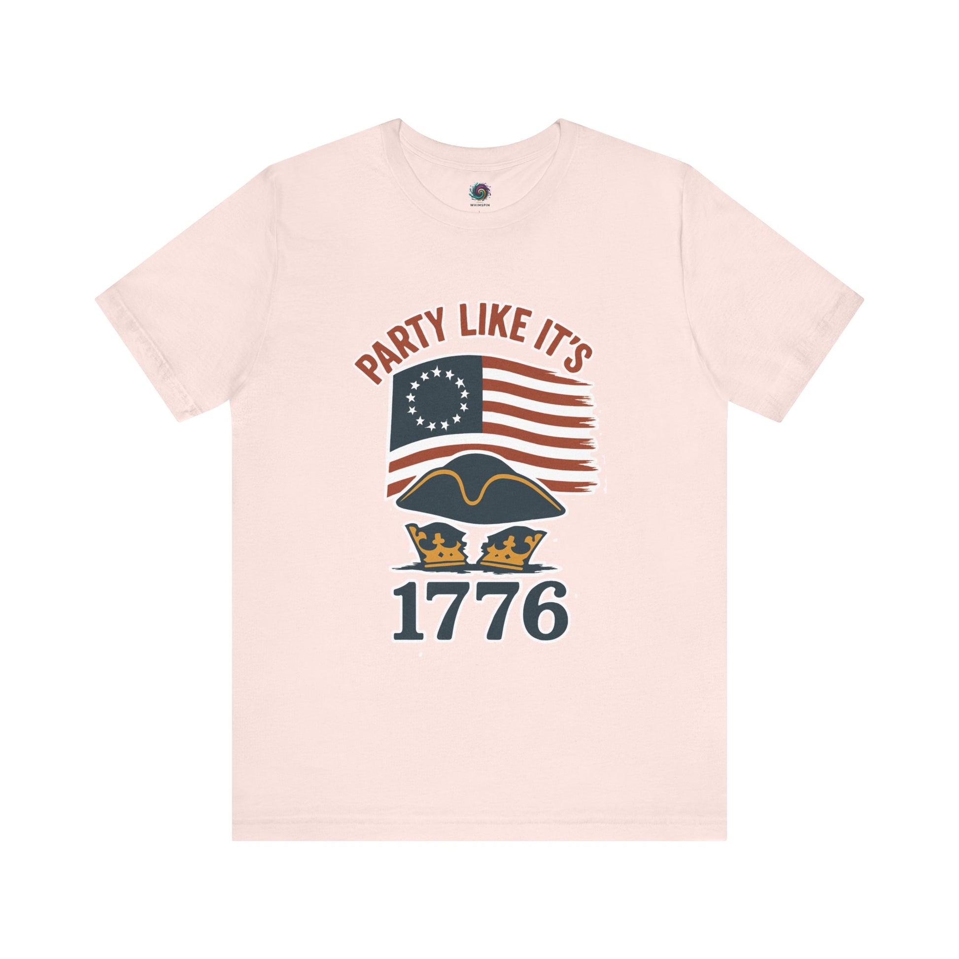 Pink t-shirt with text that says 'Party Like It's 1776'  and an American flag and tricorner hat graphic design