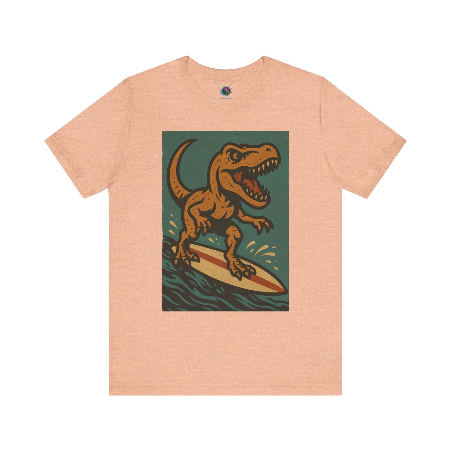 Peach Surfing t-rex t shirt from WhimSpin- A rearing t Rex riding a yellow surf board on the waves
