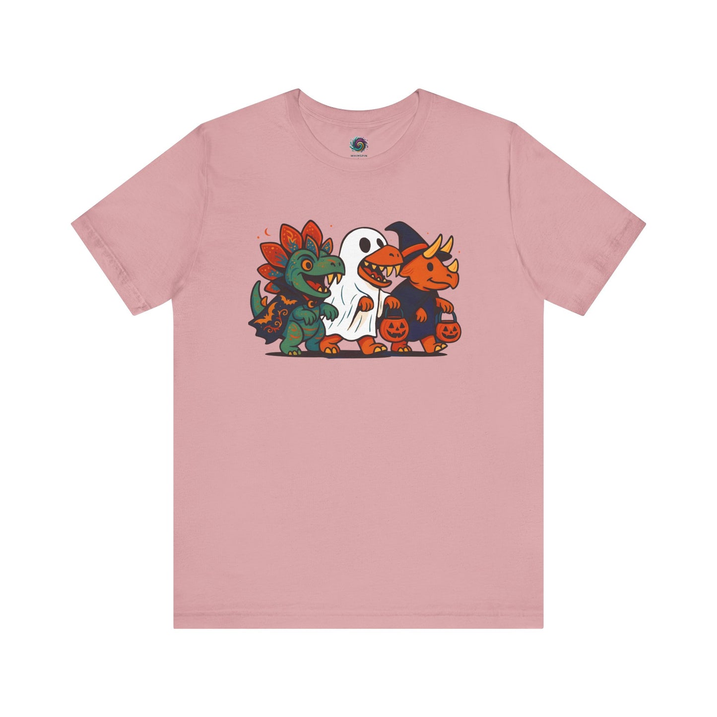 Pink t-shirt with Halloween-themed graphic of dinosaurs in costumes on a white background