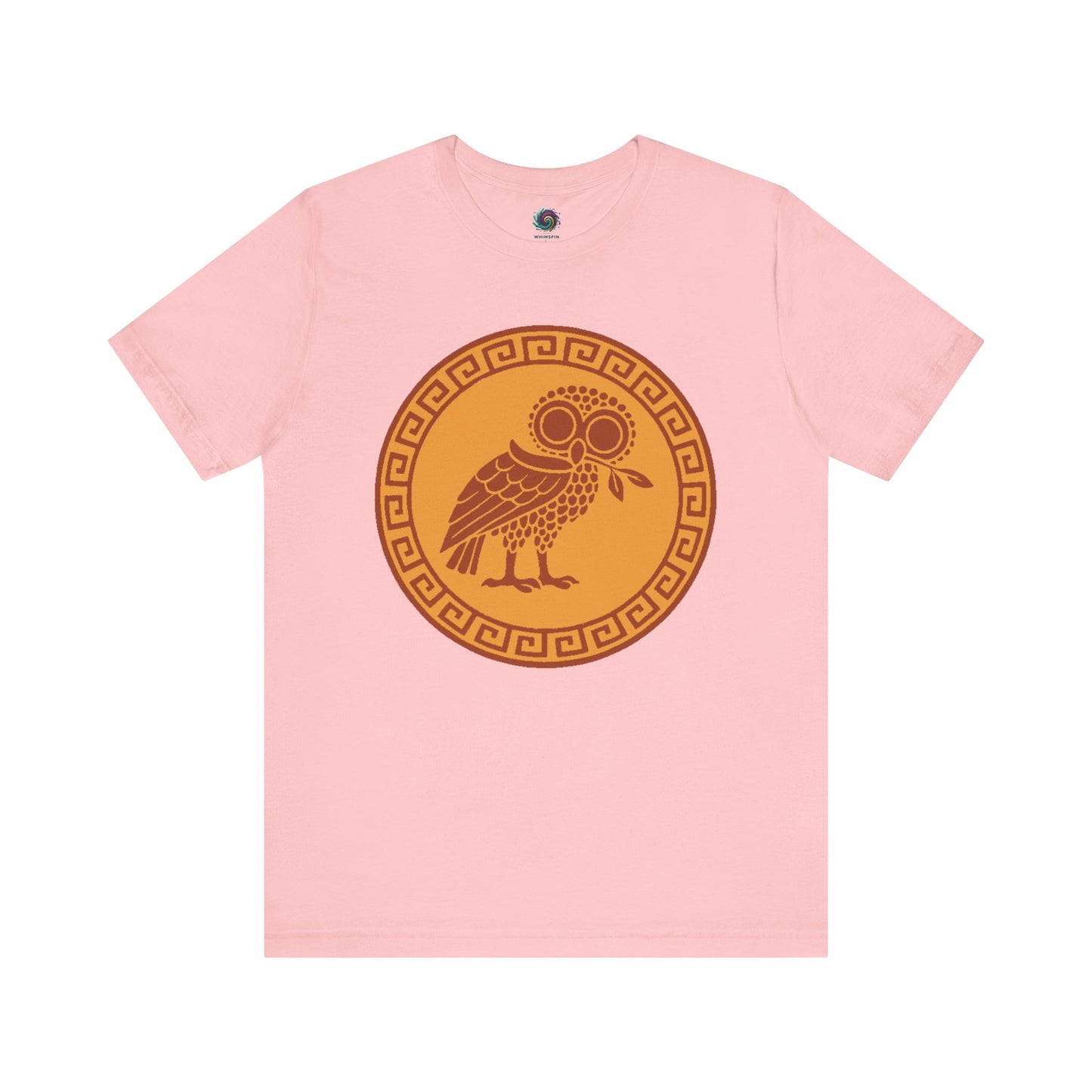 pink Athena’s Owl T-Shirt – Greek Mythology Bird Tee from WhimSpin on a white background