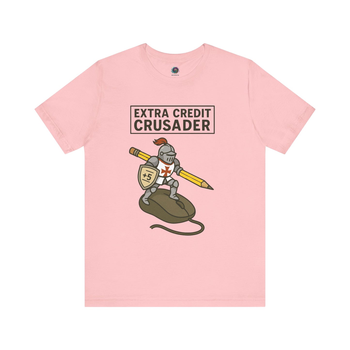 Pink t-shirt with a graphic of a crusader holding a pencil and 'Extra Credit Crusader' text on a white background WhimSpin.