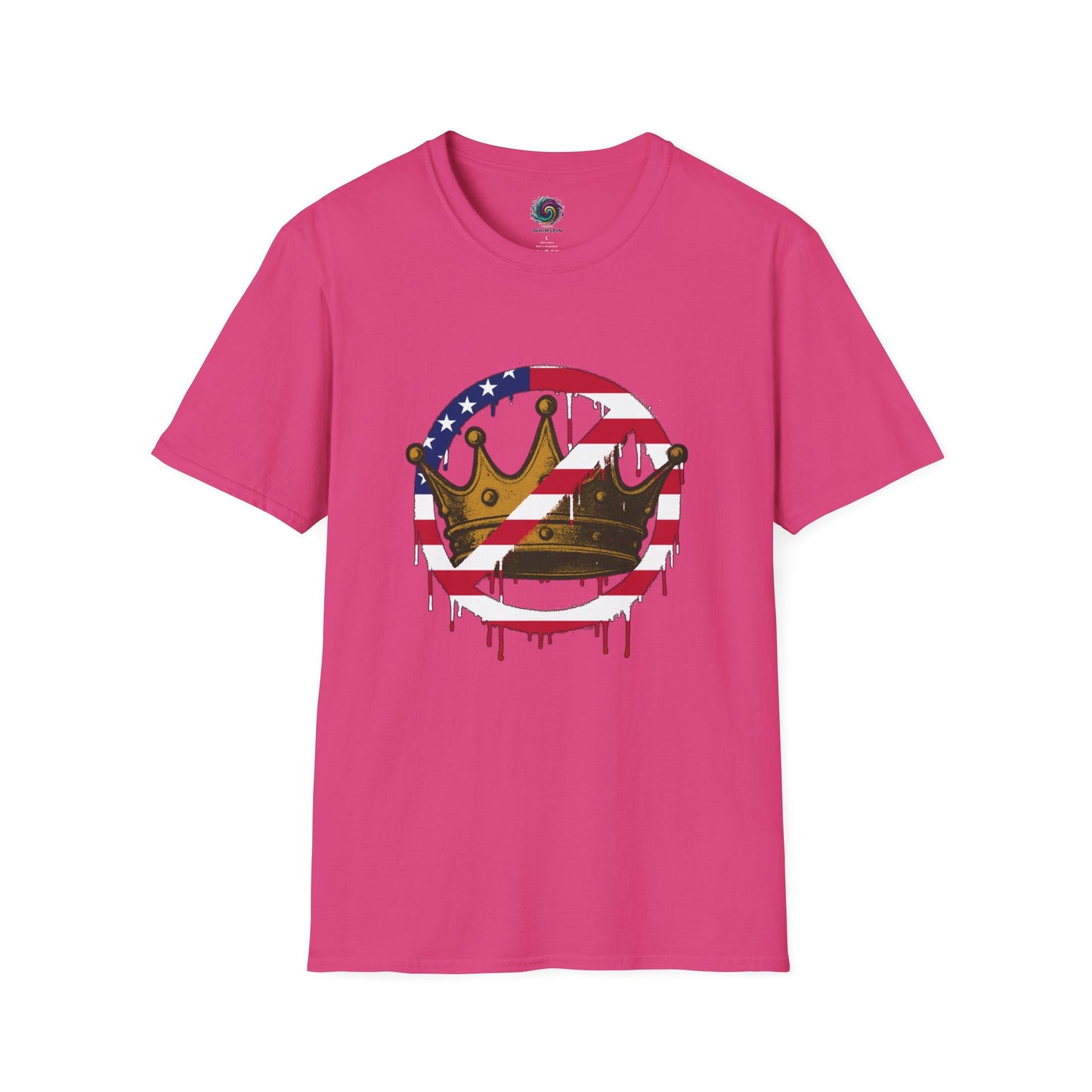 Pink No Kings Protest T-Shirt from WhimSpin with a graphic design featuring a crown with the "no" slashed circle symbol drawn in an American flag pattern on a white background