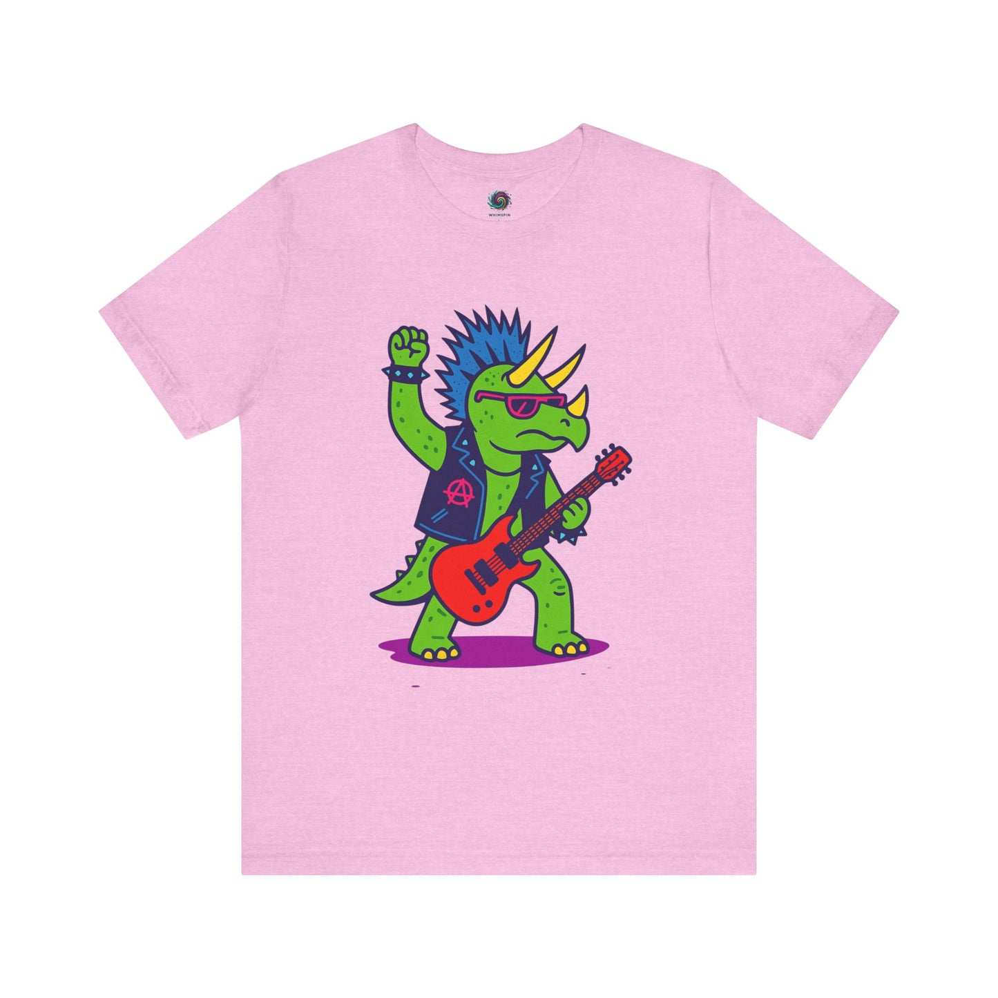 Punk Rock Triceratops T-Shirt – Funny Dinosaur Tee for Adults in heather bubble gum pink, featuring a fun, rebellious triceratops for rock lovers and punk style.